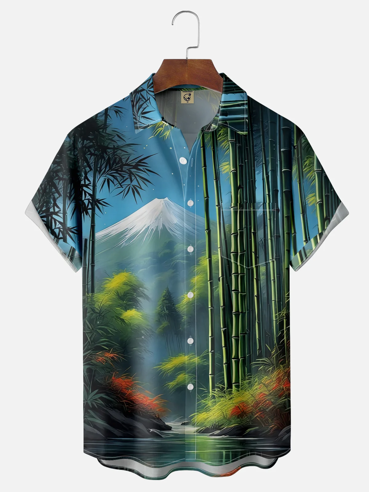 Moisture-wicking Snow Mountain Bamboo Forest Lake Chest Pocket Hawaiian Shirt