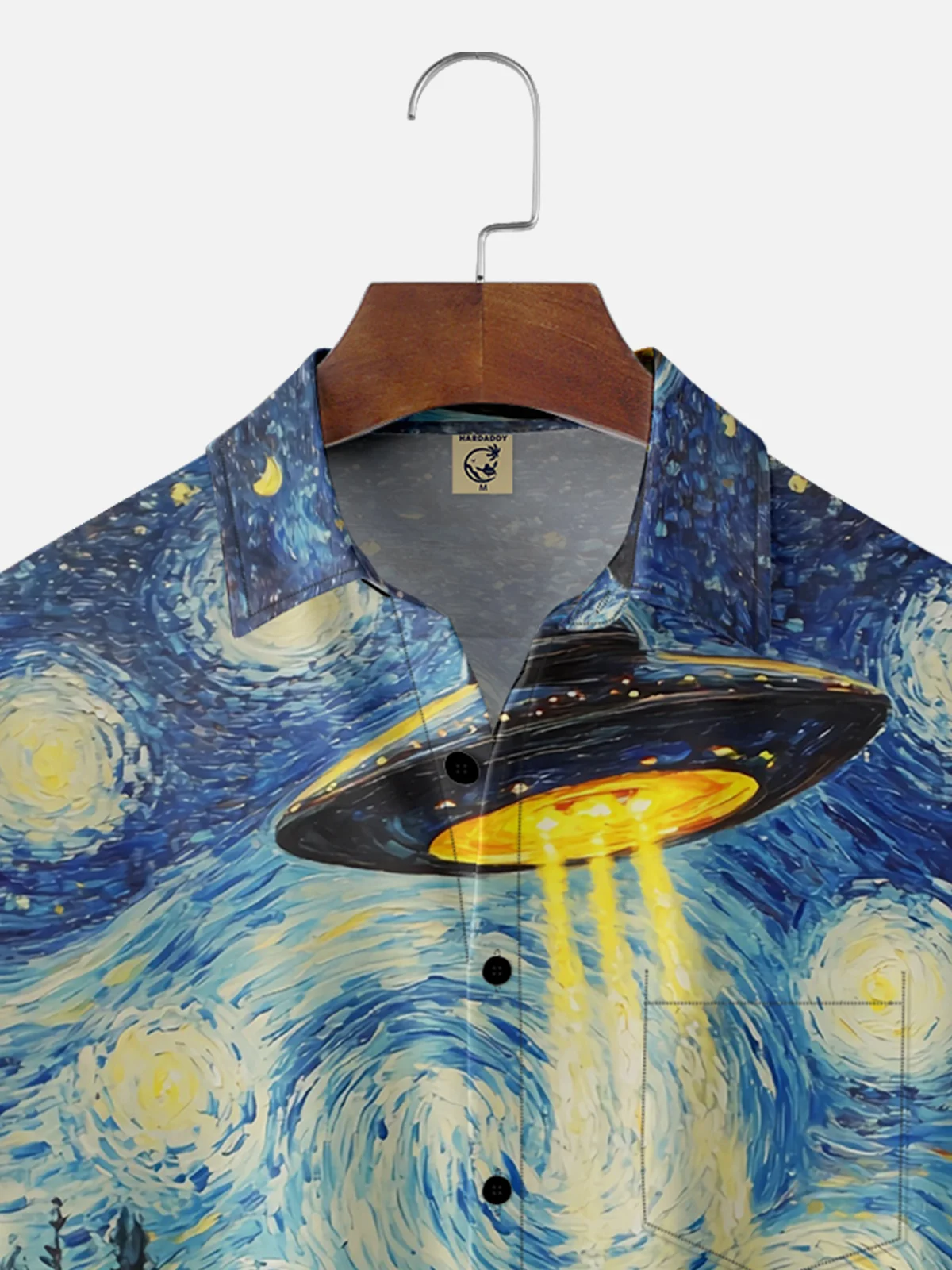 Moisture-wicking UFO Oil Painting Starry Sky Cow Chest Pocket Casual Shirt