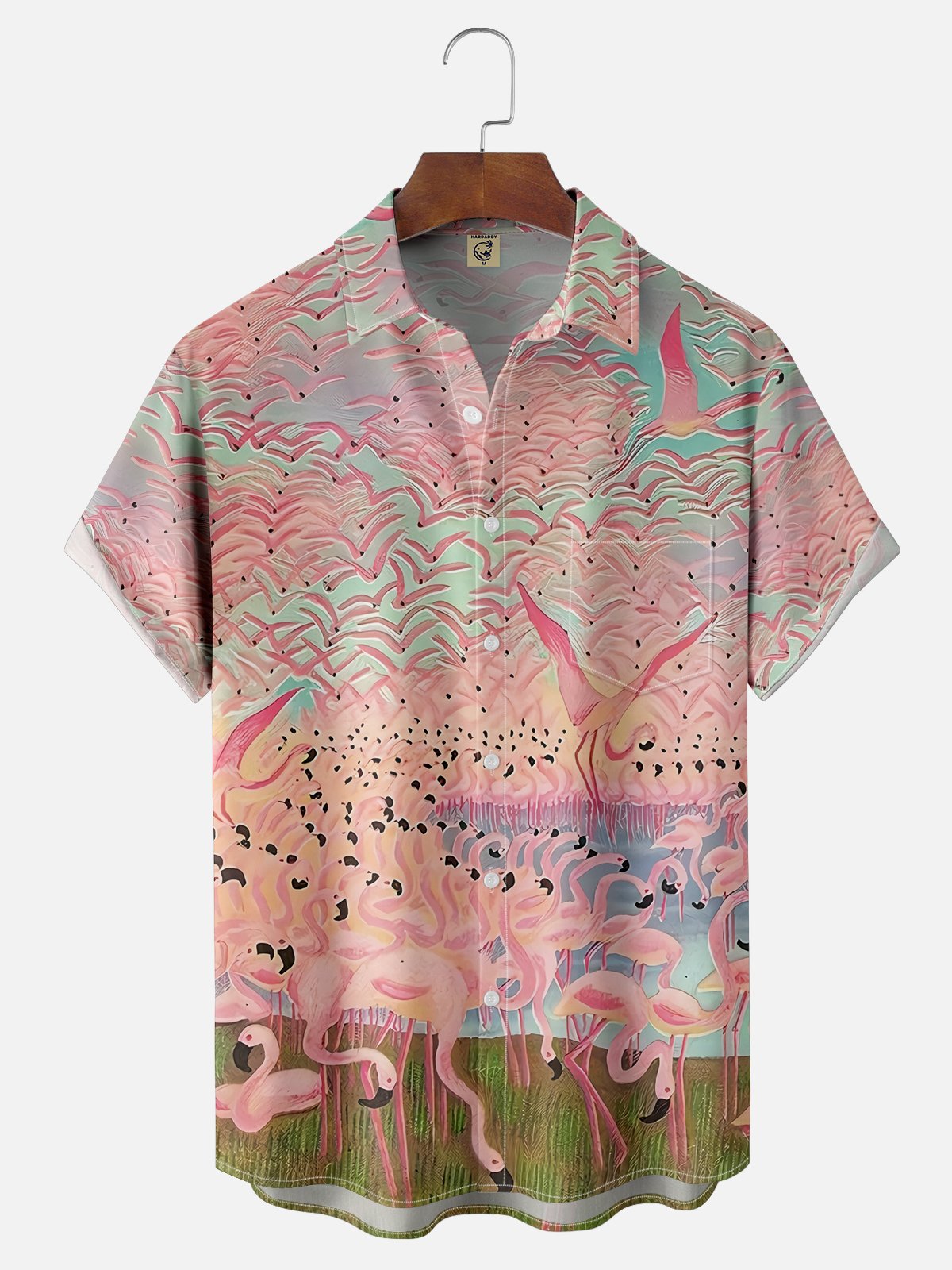 Moisture-wicking Flamingo Art Pink Chest Pocket Hawaiian Shirt