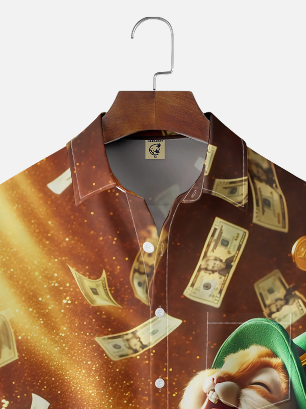 Moisture-wicking St Patrick‘s Day Shamrock Gold Coins US Dollars Easter Bunny Chest Pocket Casual Shirt