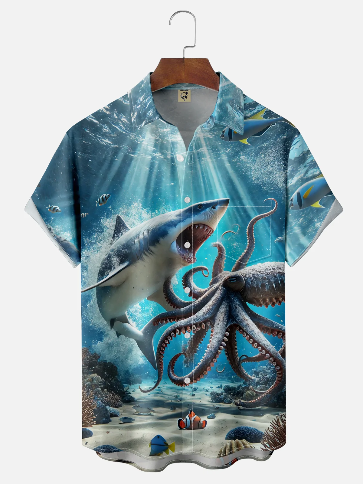 Moisture-wicking Shark Octopus Chest Pocket Hawaiian Shirt