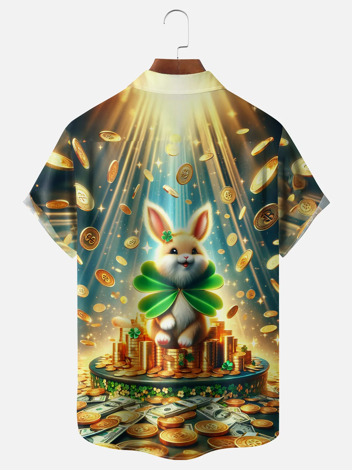 Moisture-wicking Saint Patrick‘s Day Gold Coins US Dollars Easter Bunny Chest Pocket Casual Shirt