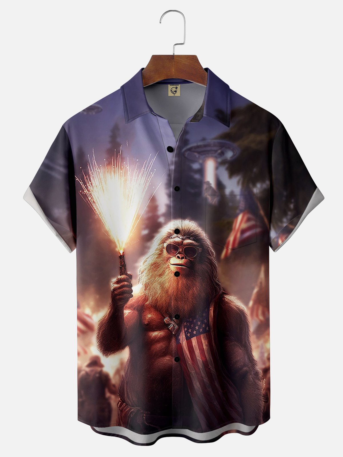 Moisture-wicking Bigfoot vs. UFO Chest Pocket Hawaiian Shirt