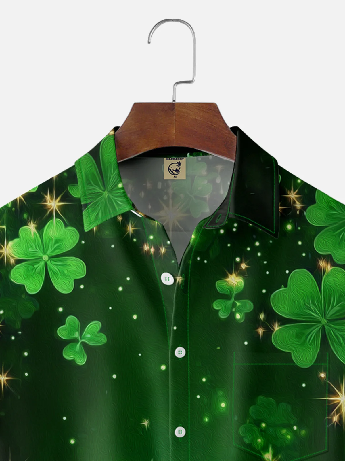 Tall Size Moisture-wicking St. Patrick's Day Four Leaf Clover Green Art Chest Pocket Hawaiian Shirt