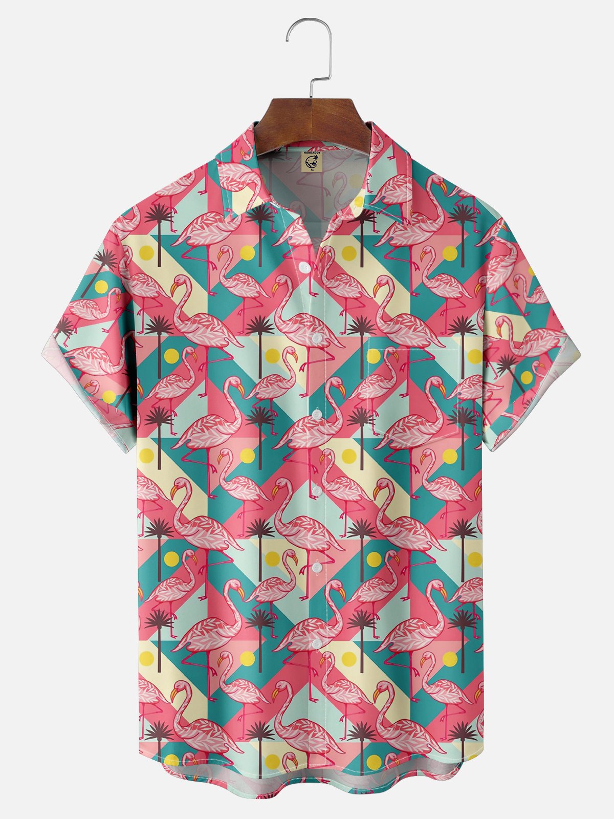 Moisture-wicking Flamingo Geometric Pattern Chest Pocket Hawaiian Shirt