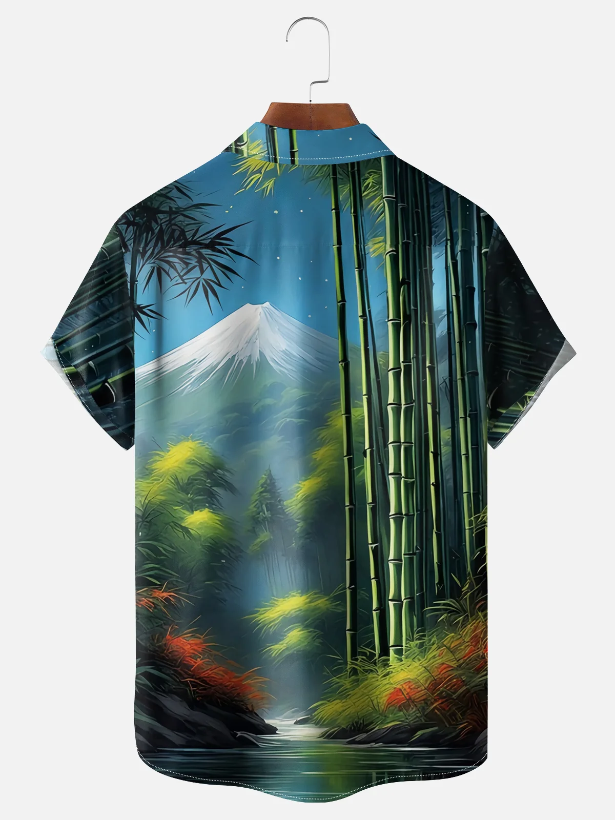 Moisture-wicking Snow Mountain Bamboo Forest Lake Chest Pocket Hawaiian Shirt