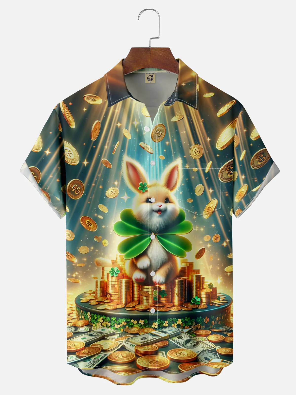 Moisture-wicking Saint Patrick‘s Day Gold Coins US Dollars Easter Bunny Chest Pocket Casual Shirt