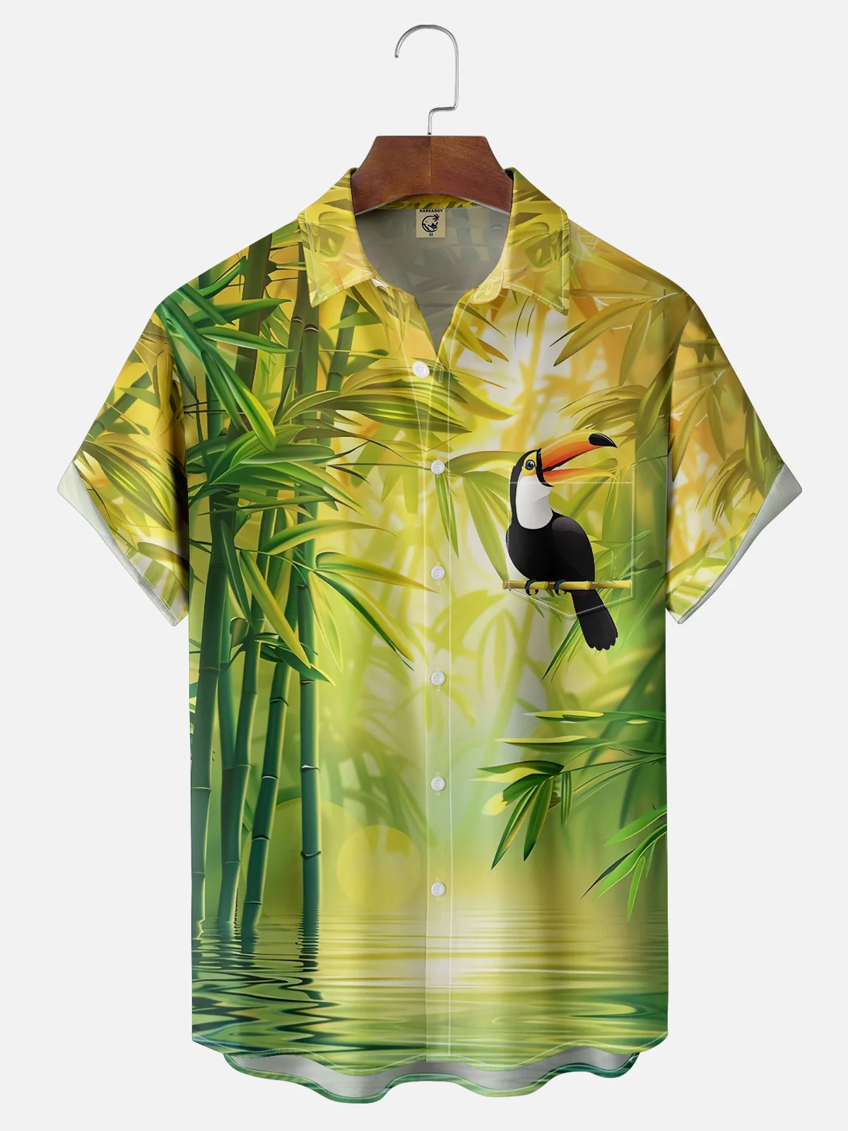 Moisture-wicking Bamboo Forest Leaves Toucan Parrot Chest Pocket Hawaiian Shirt