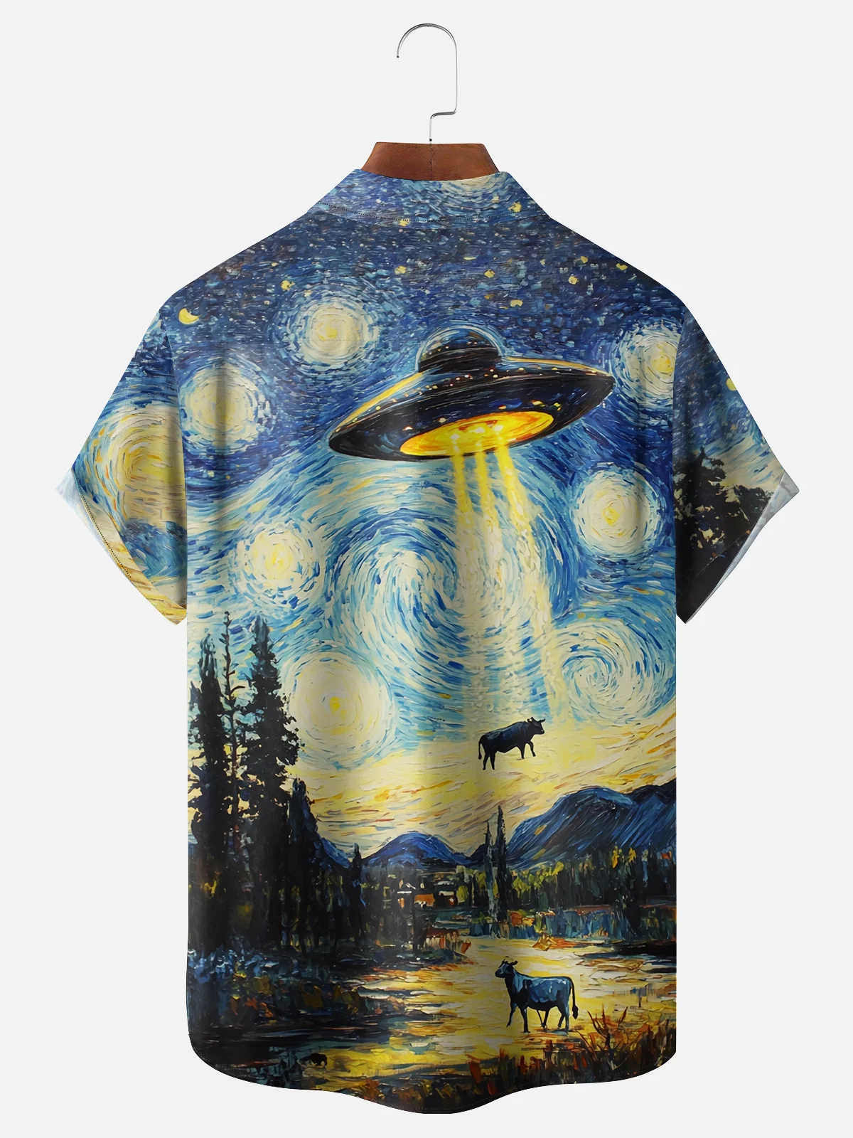 Moisture-wicking UFO Oil Painting Starry Sky Cow Chest Pocket Casual Shirt