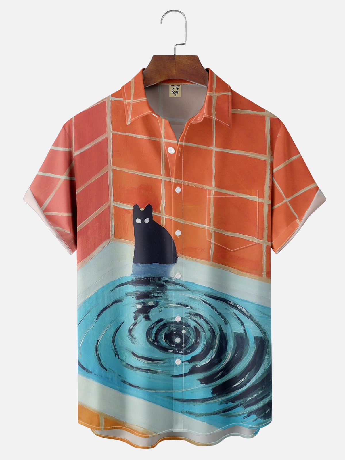 Moisture Wicking Art Bathtub Cat Chest Pocket Casual Shirt