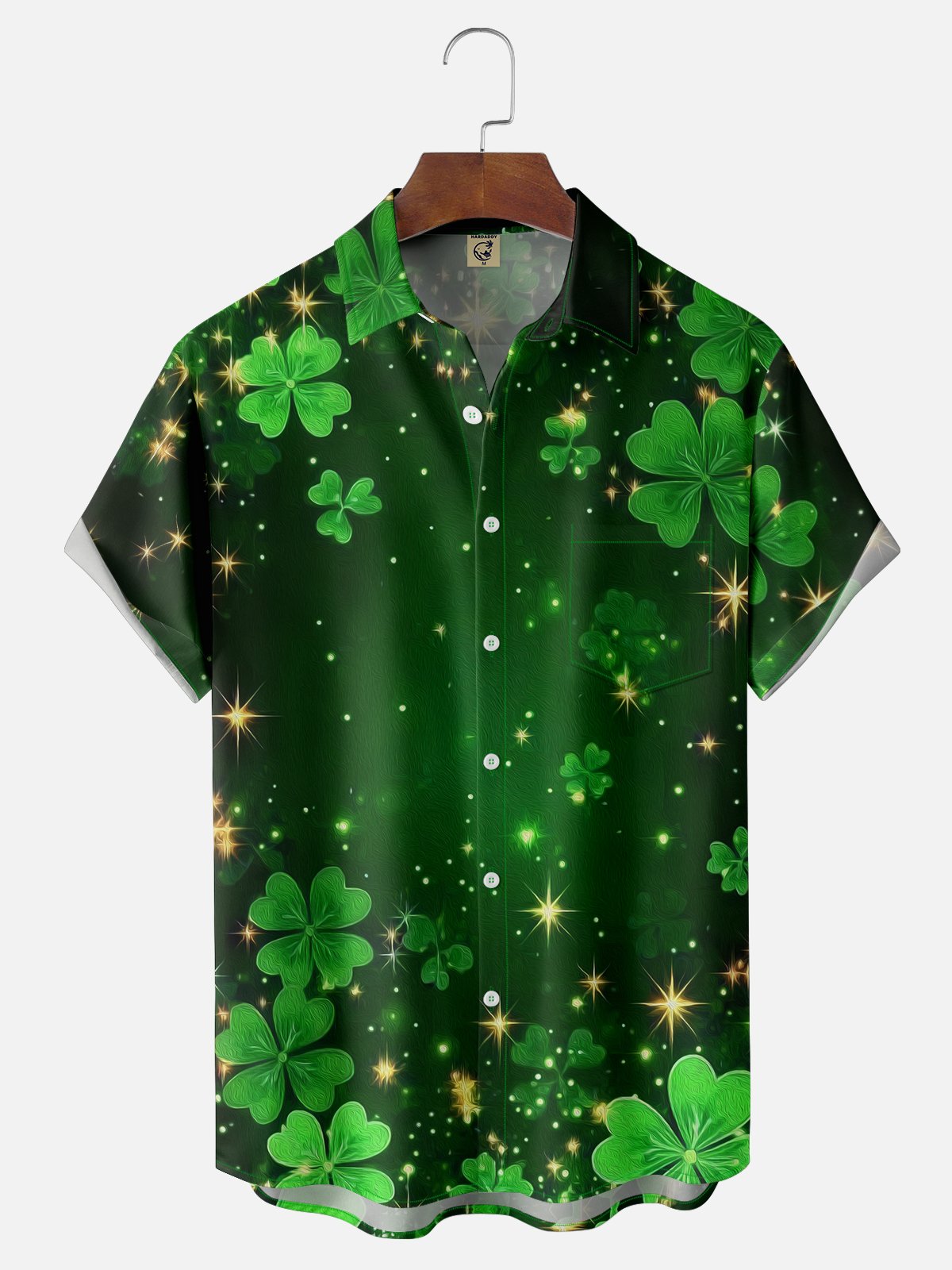 Tall Size Moisture-wicking St. Patrick's Day Four Leaf Clover Green Art Chest Pocket Hawaiian Shirt