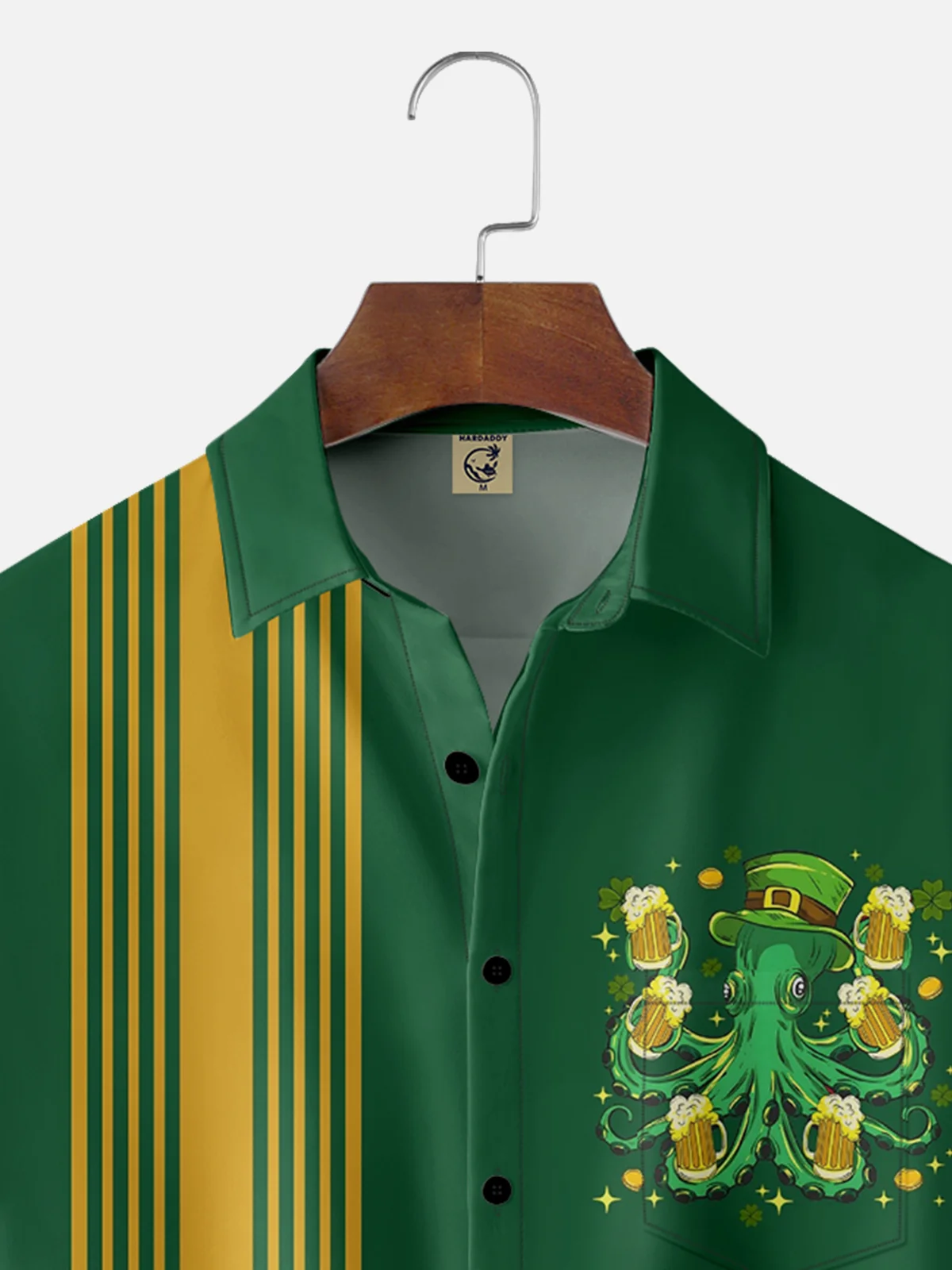 Moisture-wicking St. Patrick's Day Octopus Beer Shamrock Chest Pocket Bowling Shirt