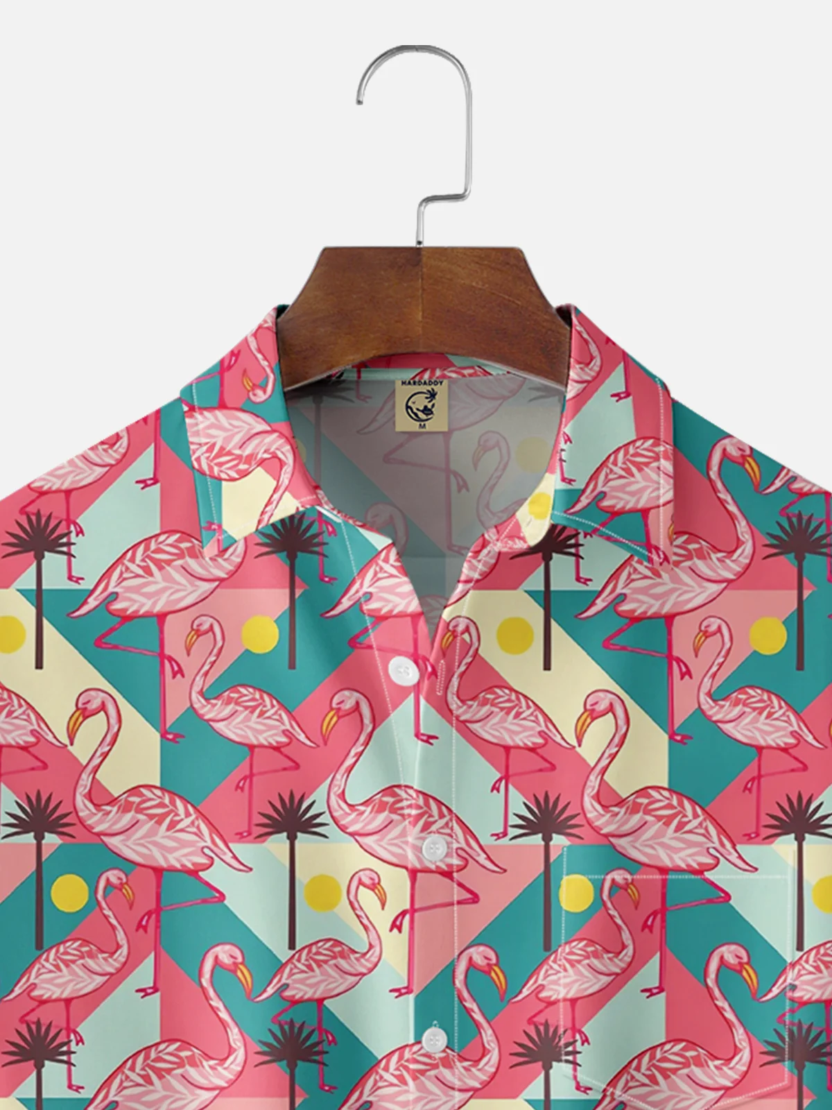 Moisture-wicking Flamingo Geometric Pattern Chest Pocket Hawaiian Shirt