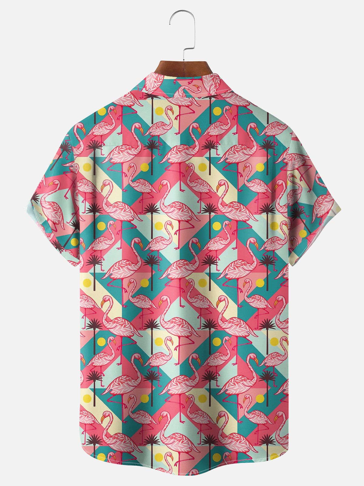 Moisture-wicking Flamingo Geometric Pattern Chest Pocket Hawaiian Shirt