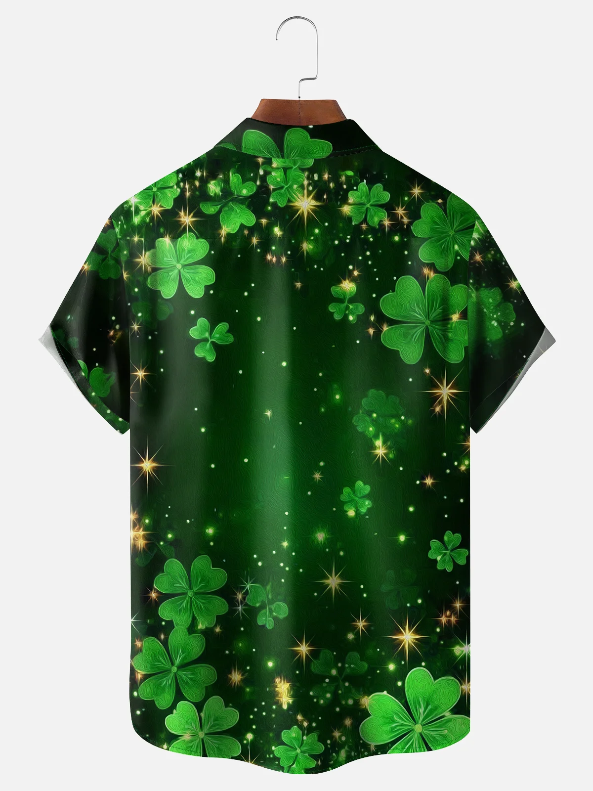 Tall Size Moisture-wicking St. Patrick's Day Four Leaf Clover Green Art Chest Pocket Hawaiian Shirt