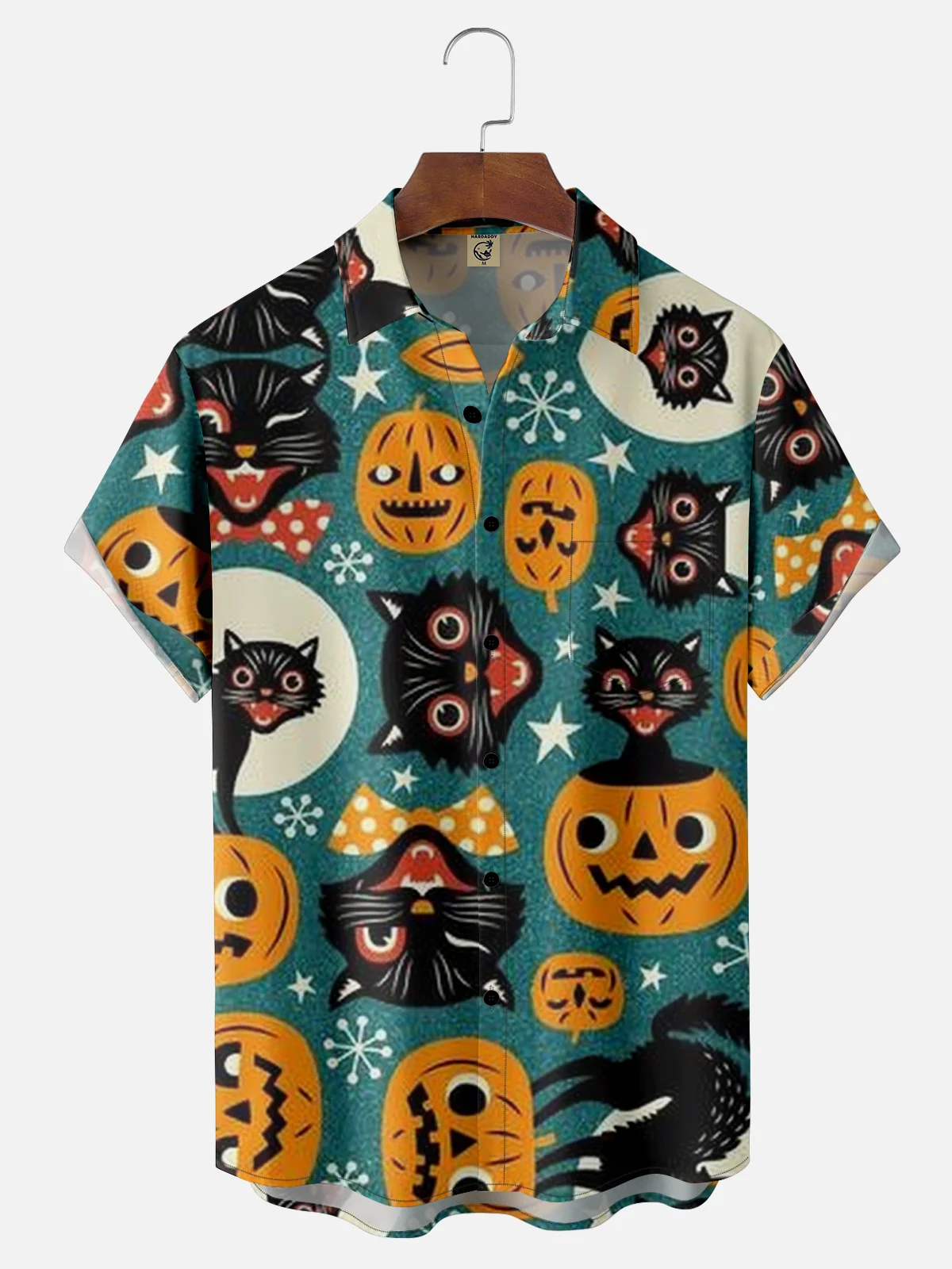 Men's Halloween Pumpkin Cat Print Casual Breathable Short Sleeve Shirt