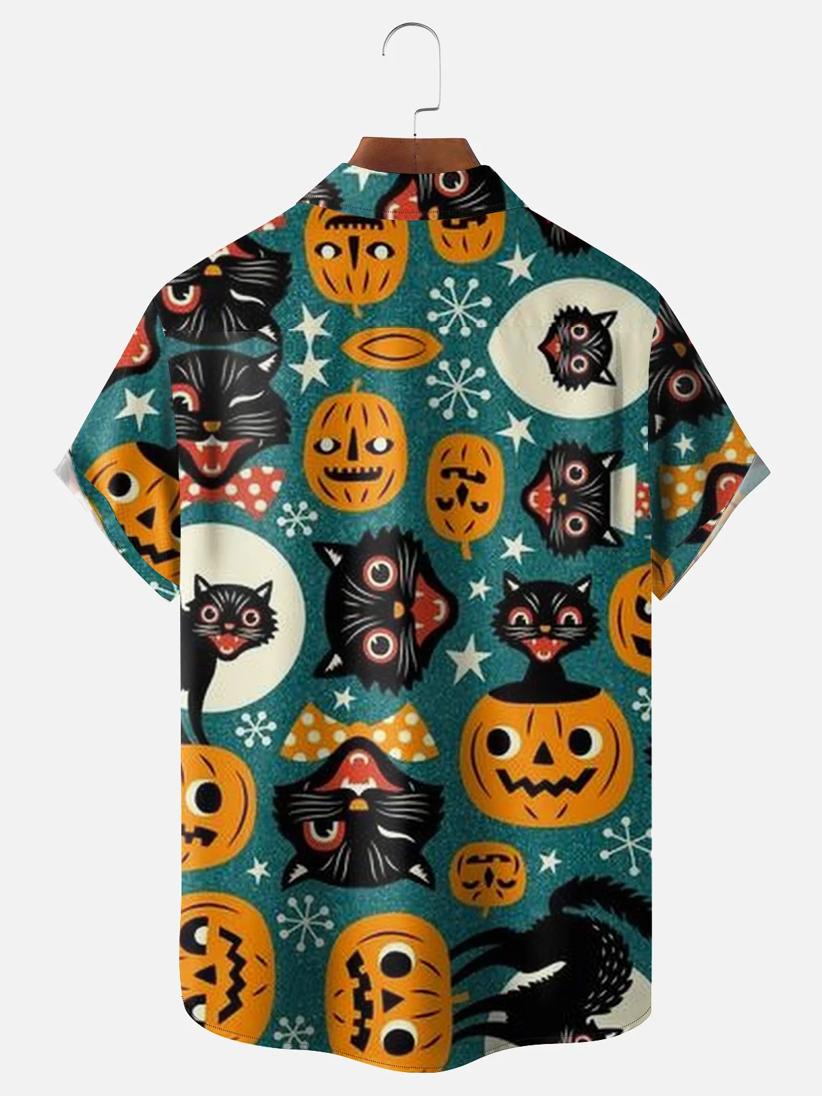 Men's Halloween Pumpkin Cat Print Casual Breathable Short Sleeve Shirt