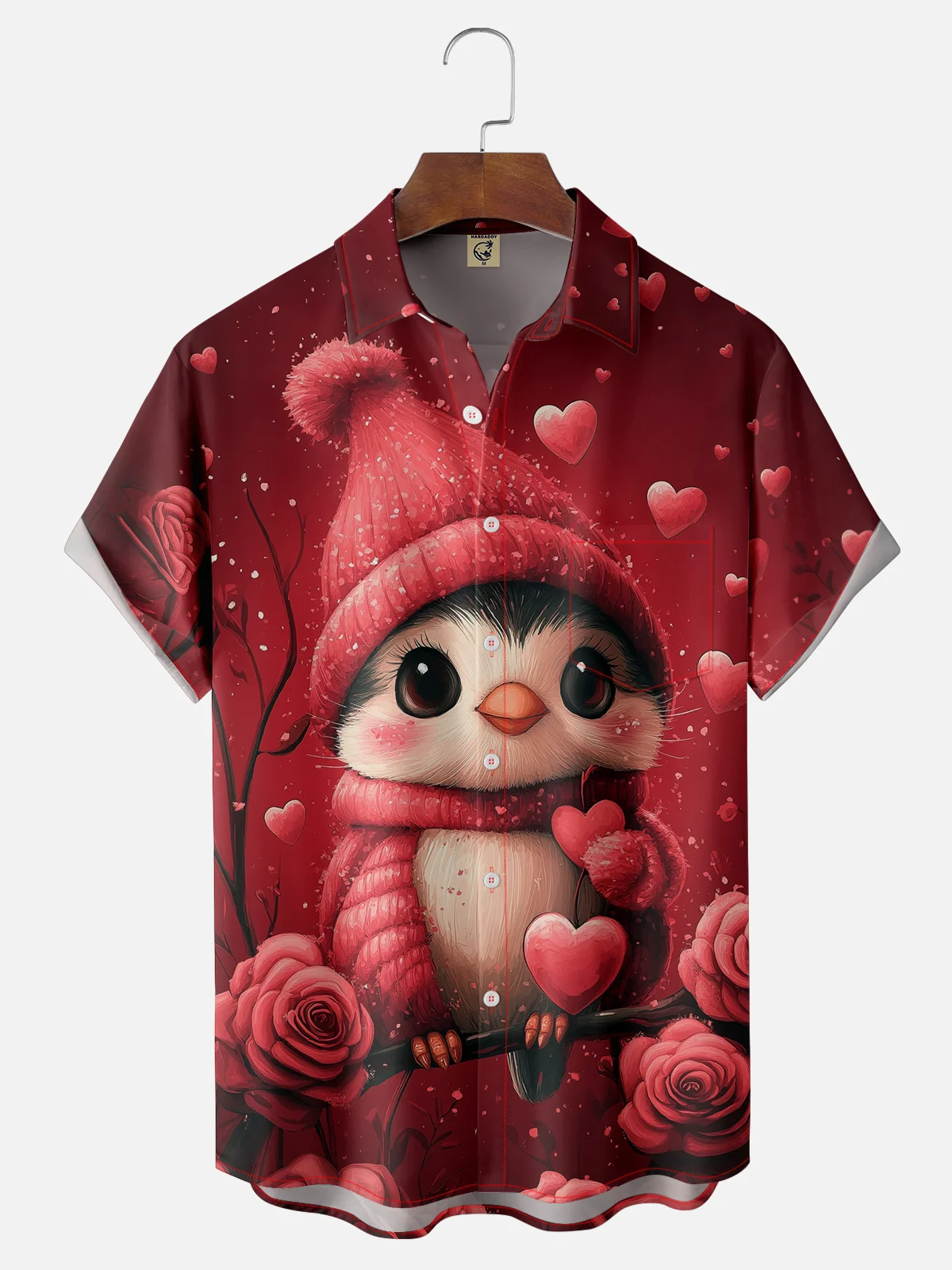 Moisture-wicking Saint Valentine‘s Day Heart Penguin Chest Pocket Casual Shirt