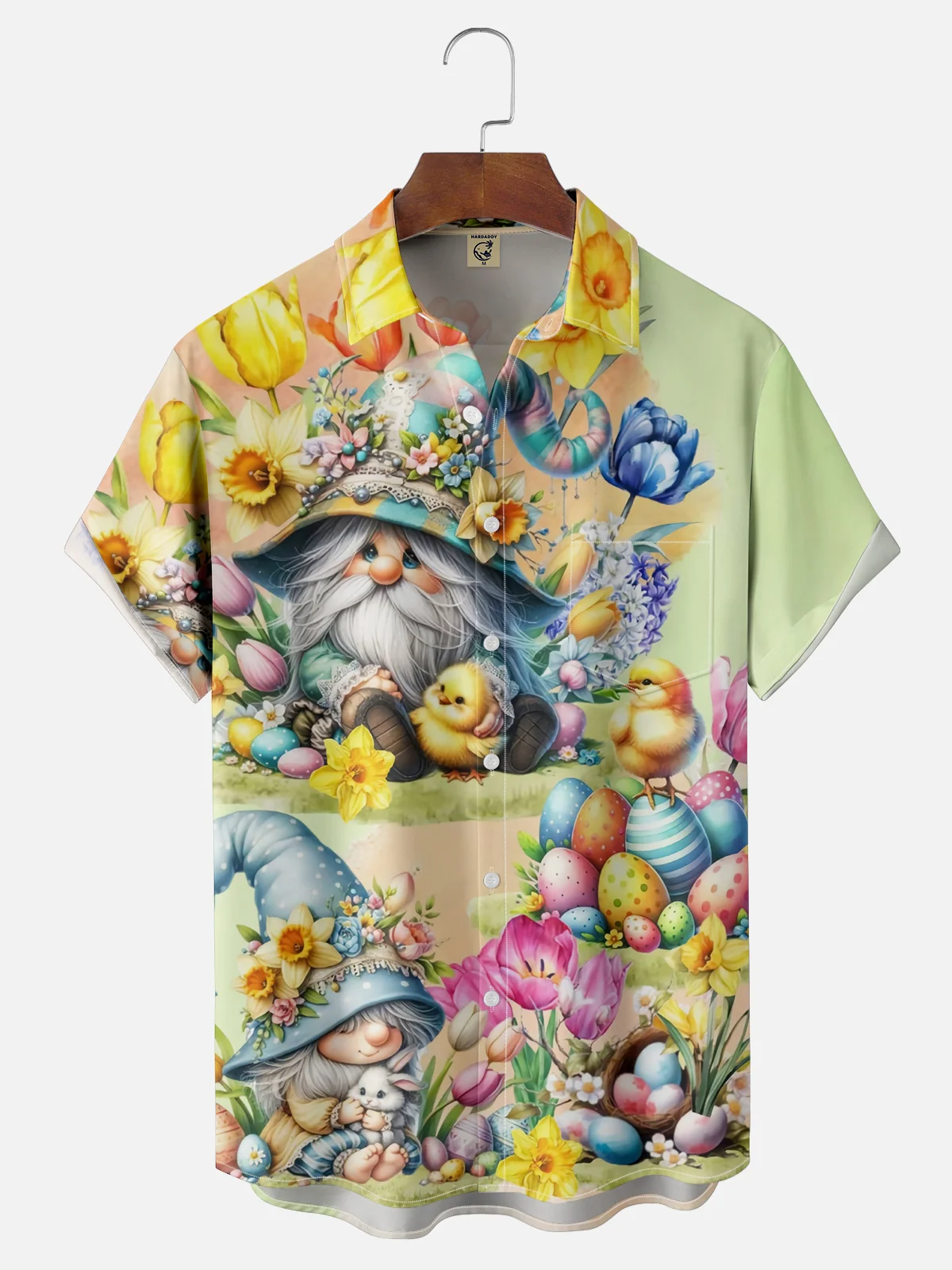 Moisture Wicking Easter Egg Gnome Chest Pocket Hawaiian Shirt