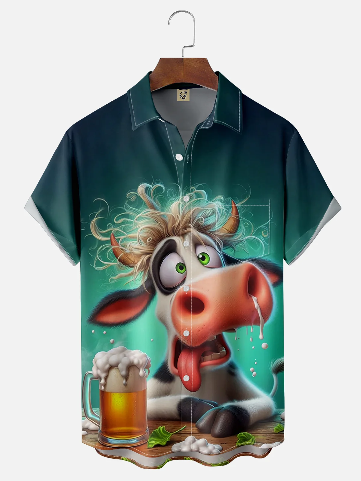 Moisture Wicking Cow Beer Chest Pocket Hawaiian Shirt