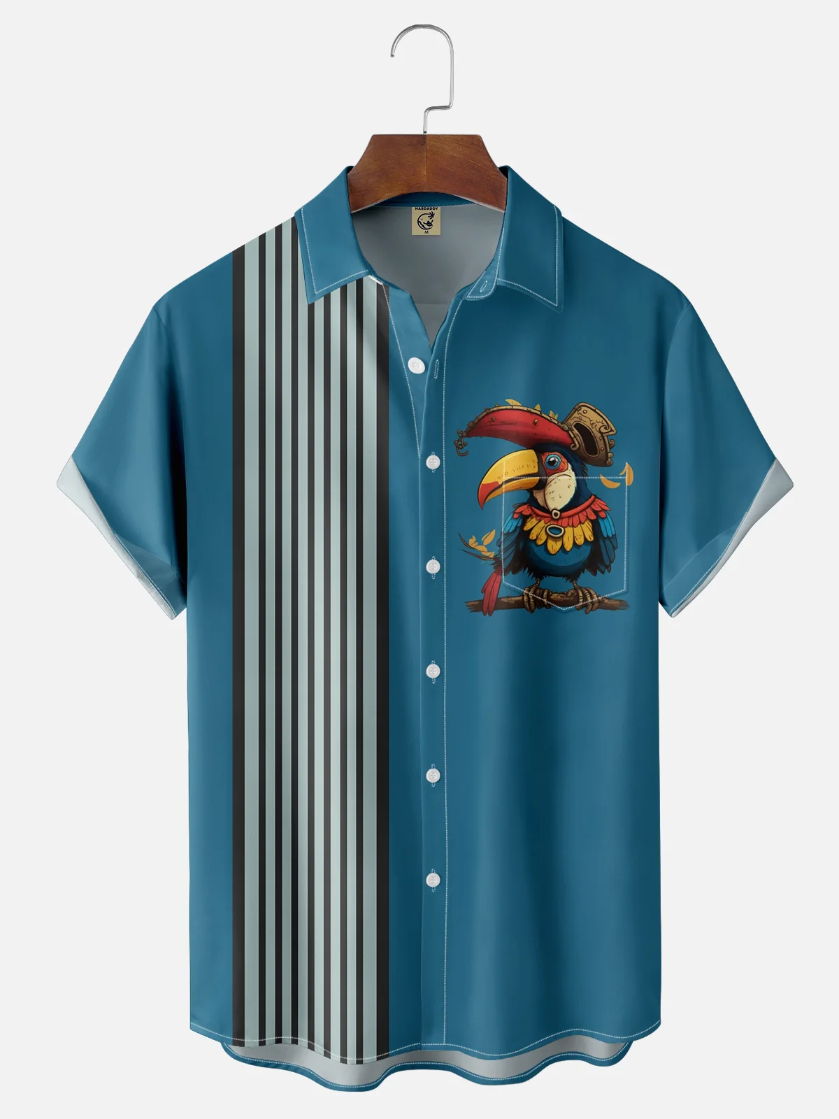 Moisture Wicking Stripes Parrot Chest Pocket Bowling Shirt