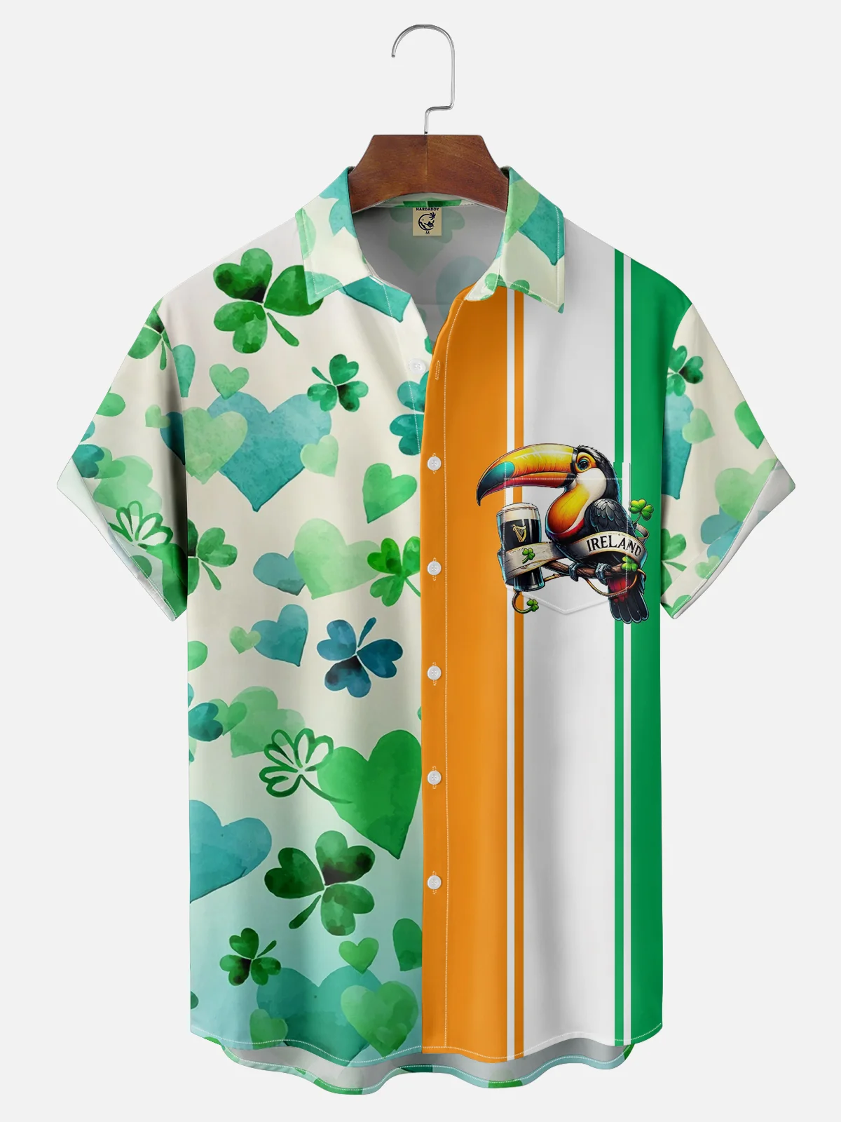 Moisture-wicking St. Patrick's Day Toucan Beer Clover Irish Green Chest Pocket Bowling Shirt