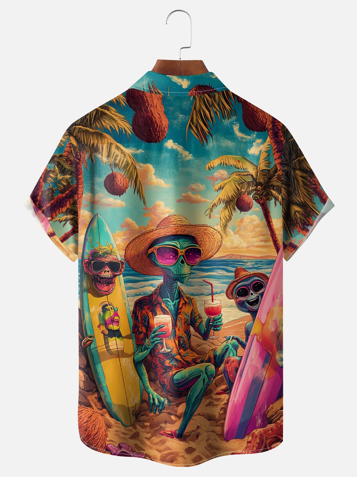 Moisture Wicking Tropical Seascape Plants Alien Chest Pocket Hawaiian Shirt