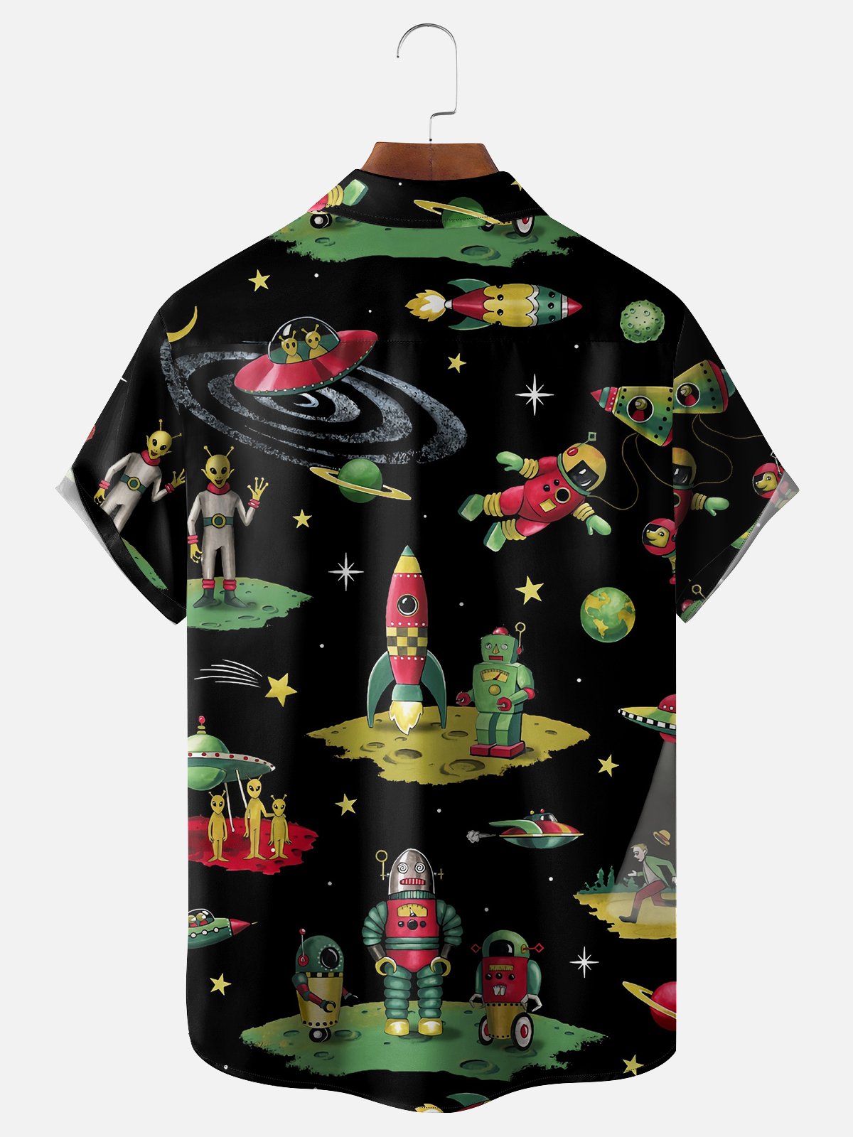 Moisture Wicking Alien UFO Spaceship Chest Pocket Hawaiian Shirt