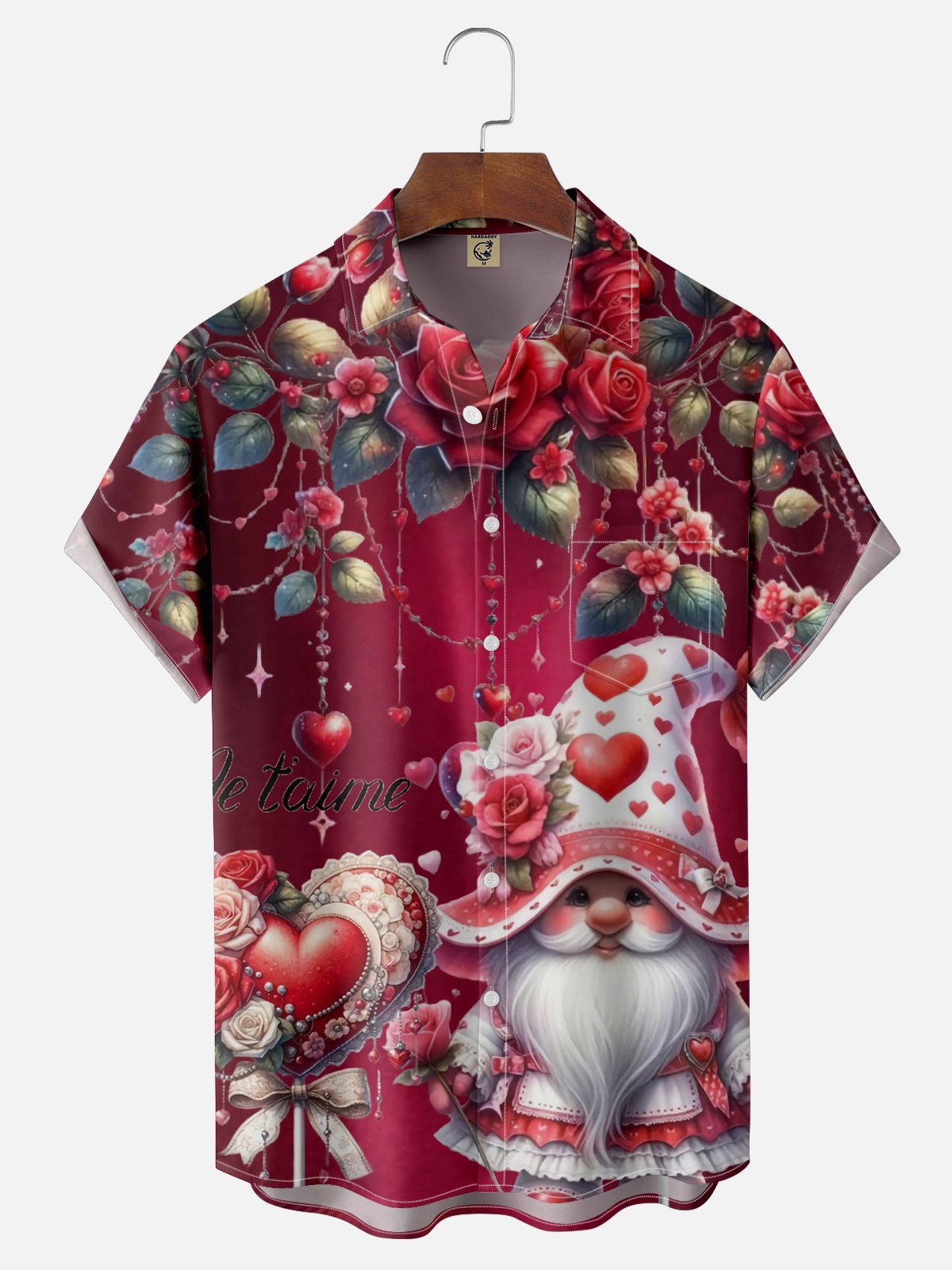 Moisture Wicking Valentine's Day Heart Gnome Chest Pocket Hawaiian Shirt