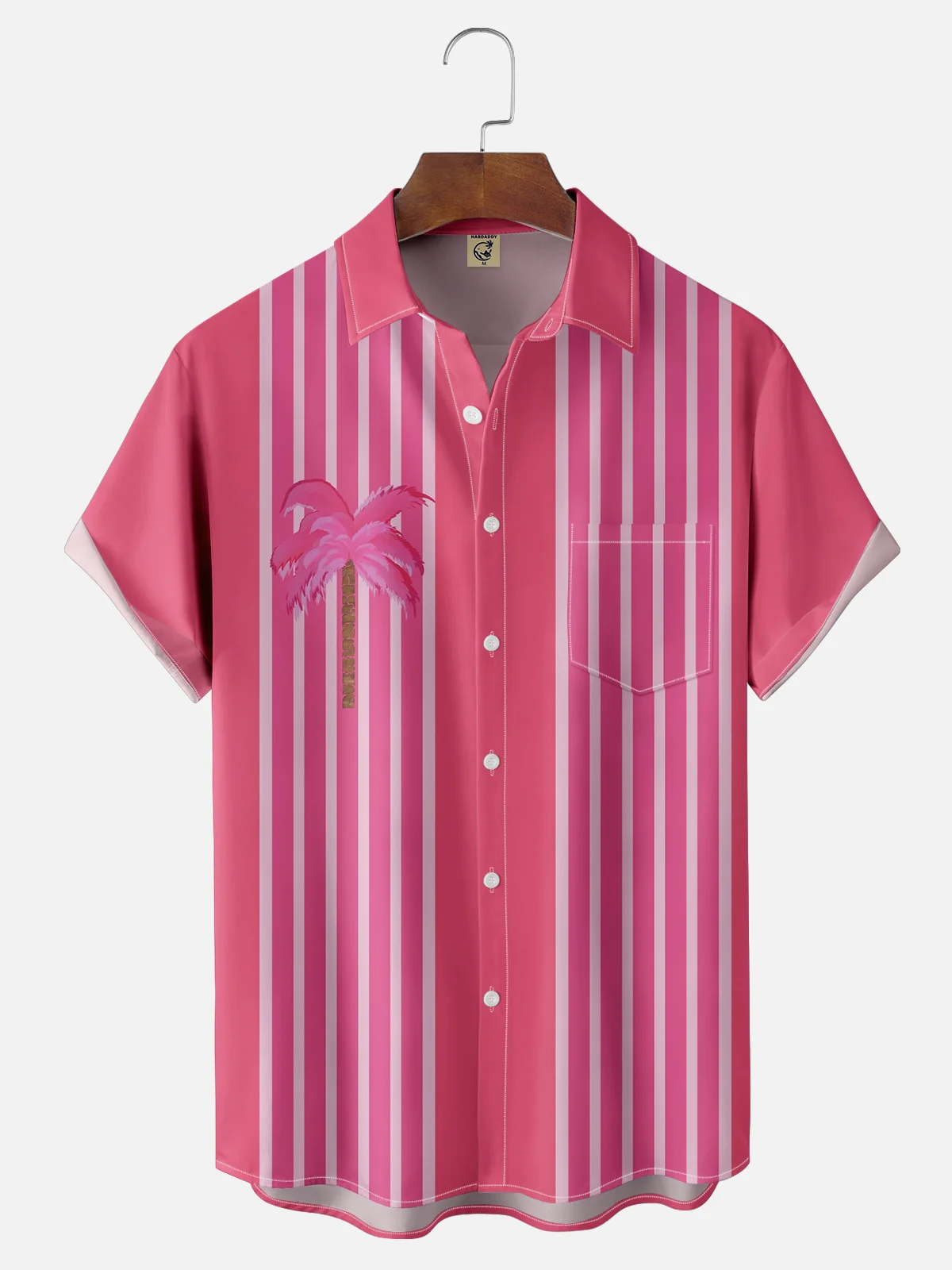 Moisture Wicking Stripes Coconut Tree Chest Pocket Bowling Shirt