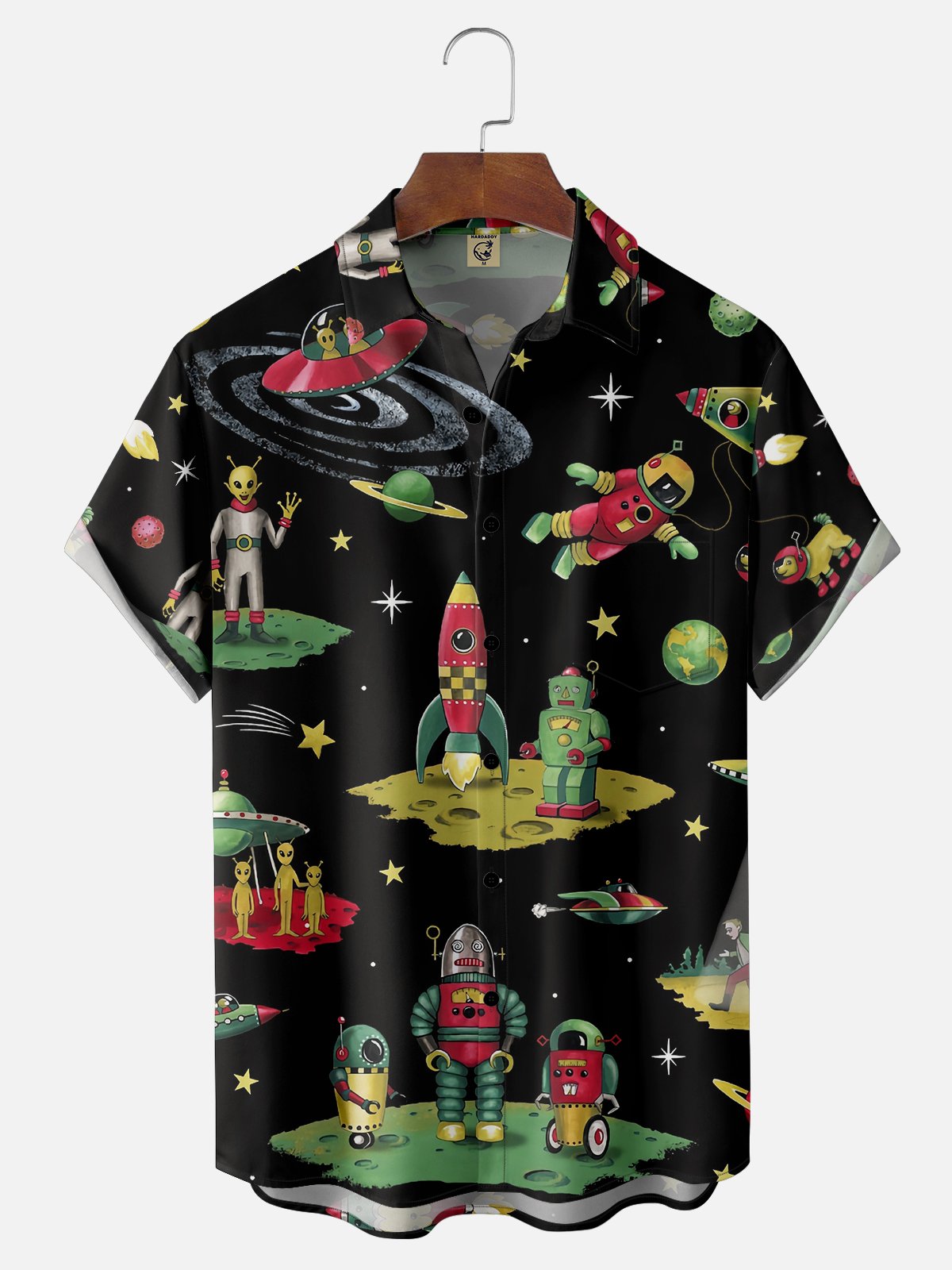 Moisture Wicking Alien UFO Spaceship Chest Pocket Hawaiian Shirt