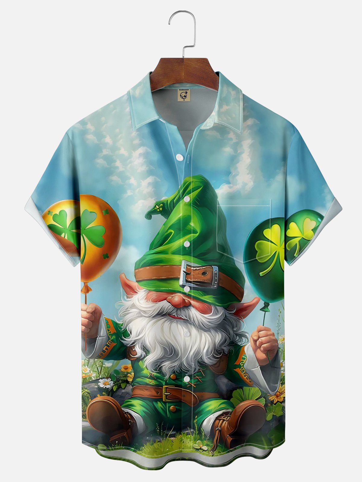 Moisture Wicking St. Patrick's Shamrock Gnome Chest Pocket Hawaiian Shirt