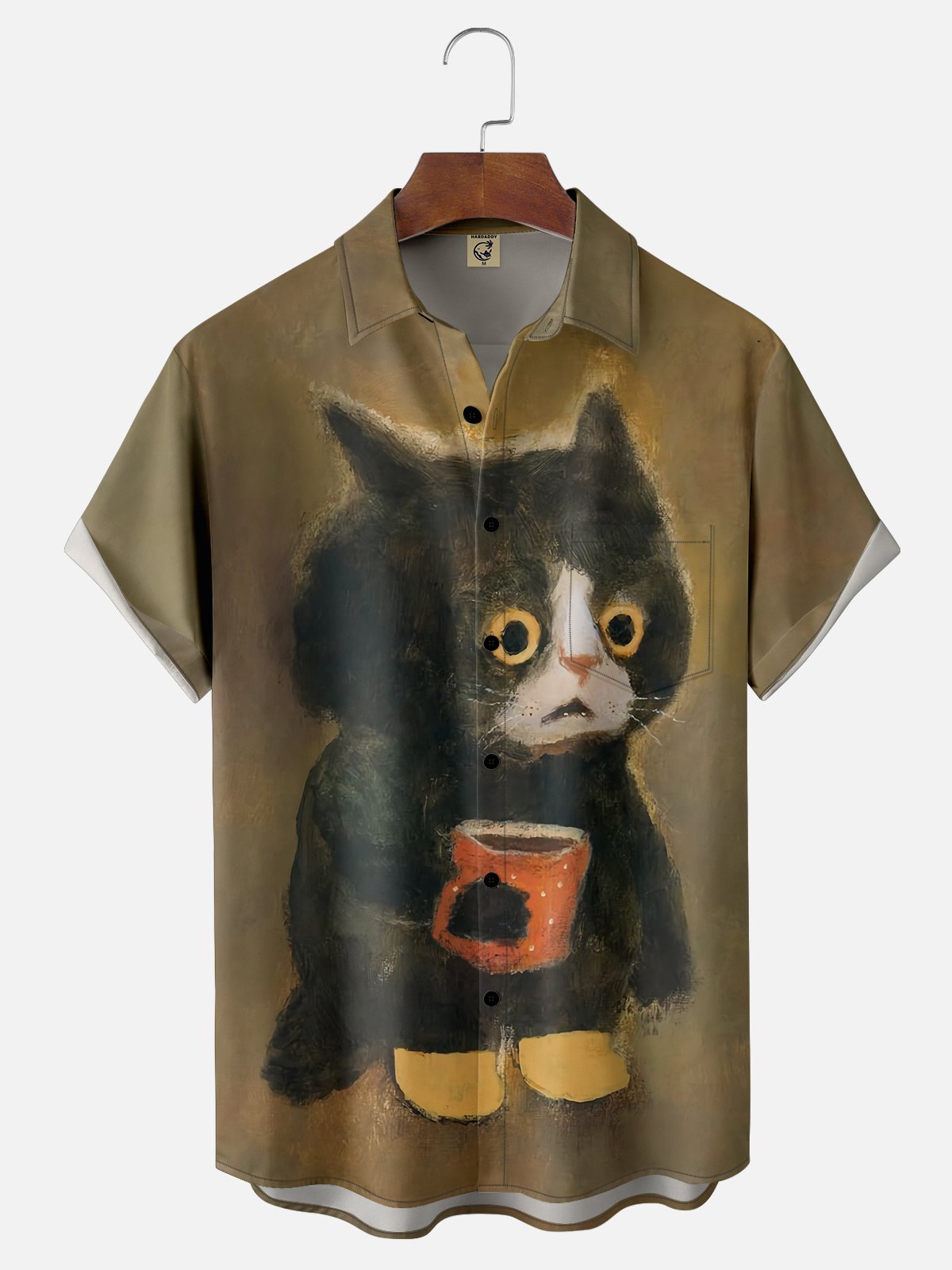 Moisture Wicking Cartoon Cat Chest Pocket Casual Shirt