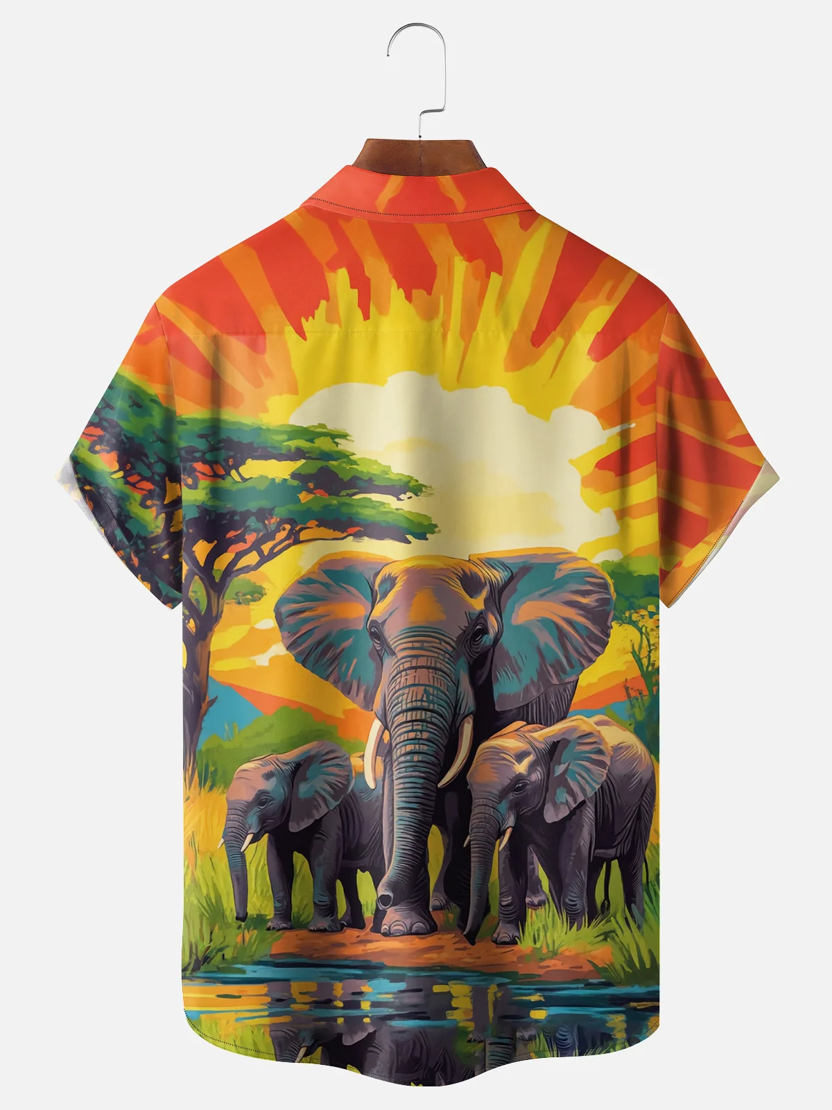 Moisture-wicking Elephant Tree Sunset Chest Pocket Hawaiian Shirt