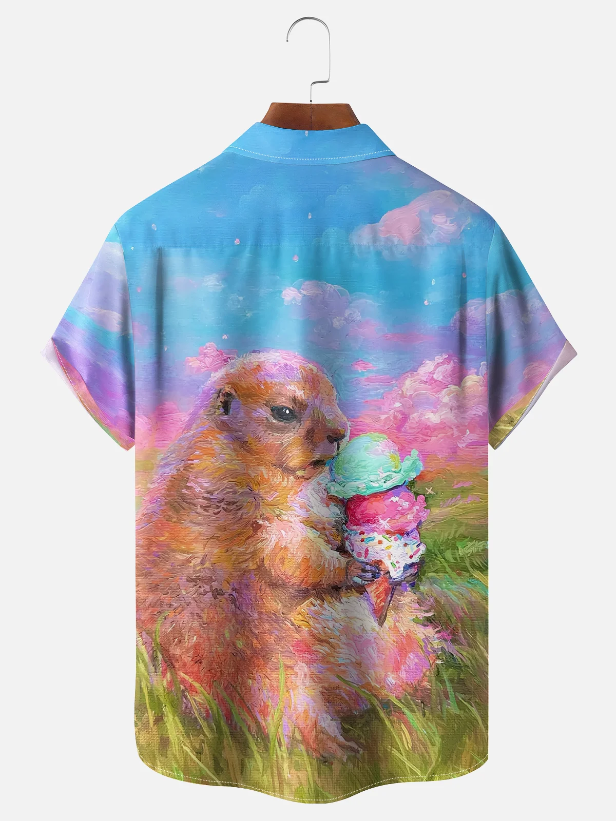 Moisture-wicking Artist's Creative Groundhog Eating Ice Cream Painting Chest Pocket Casual Shirt