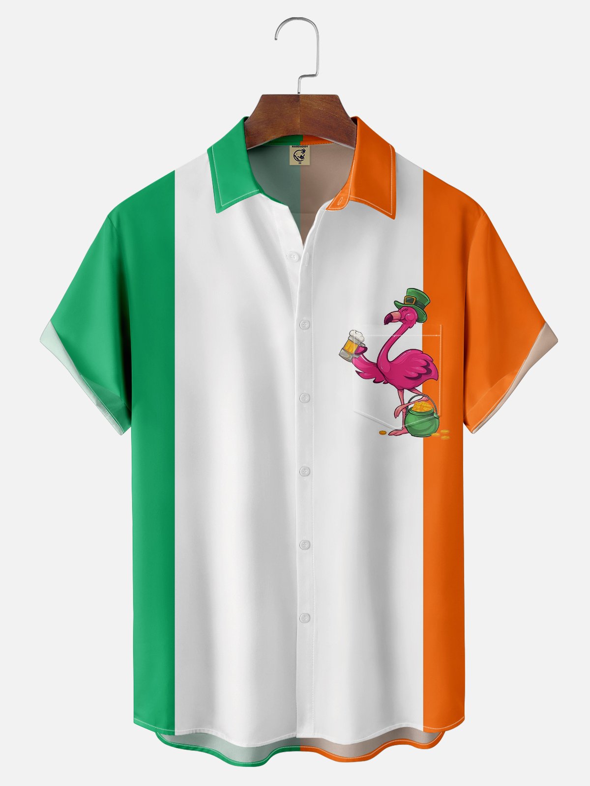 Moisture-wicking St. Patrick's Day Irish Flag Lucky Flamingo Chest Pocket Bowling Shirt