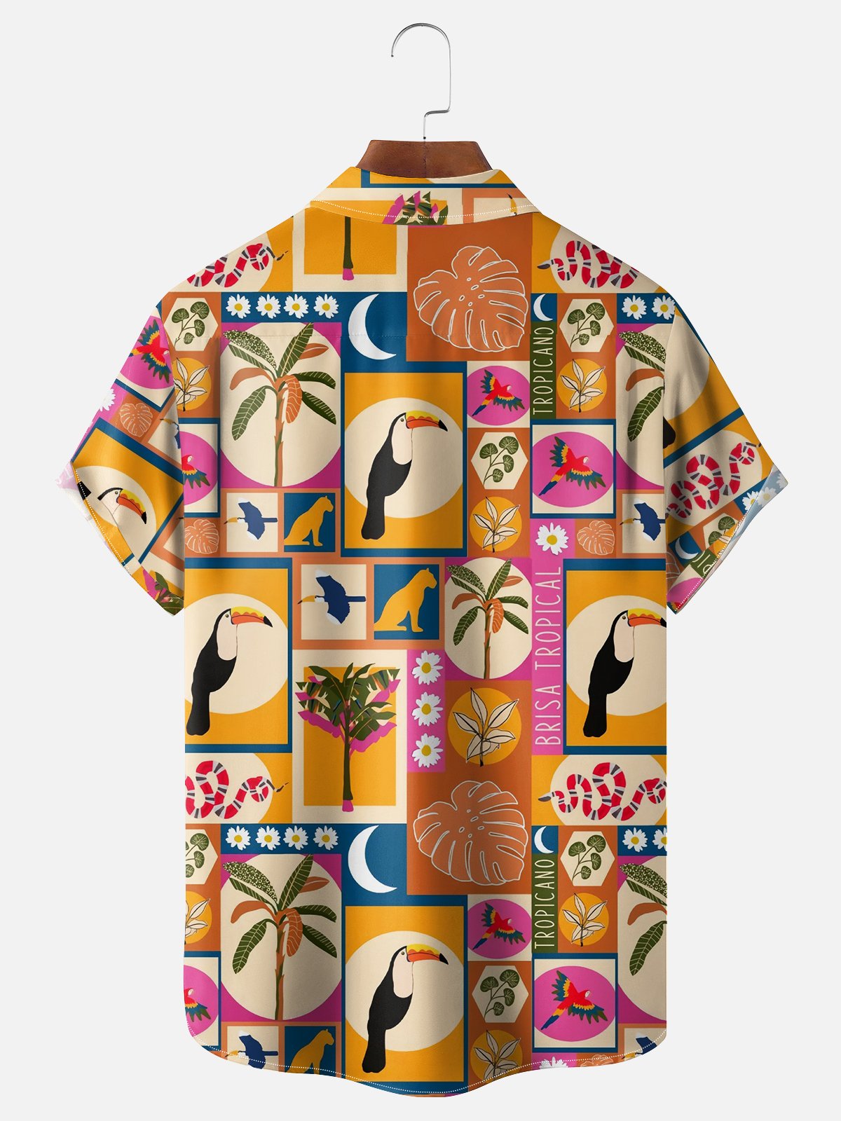 Moisture-wicking Toucan Coconut Tree Trellis Chest Pocket Hawaiian Shirt