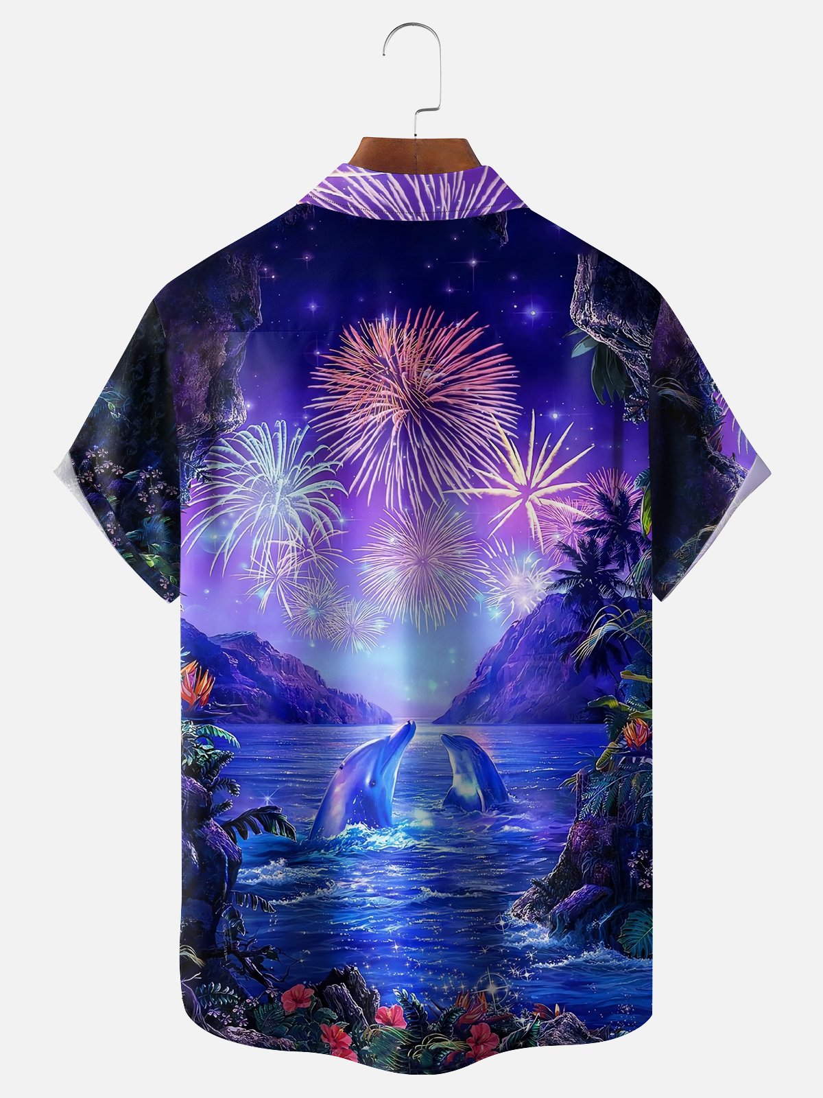 Moisture-wicking Dolphin Fireworks Chest Pocket Hawaiian Shirt