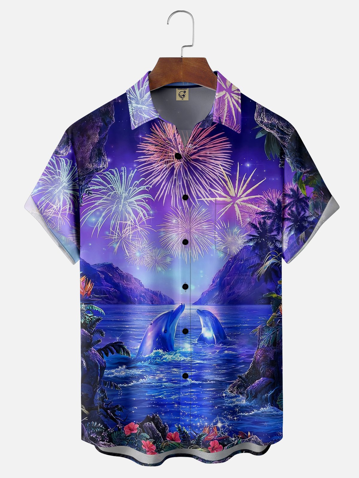 Moisture-wicking Dolphin Fireworks Chest Pocket Hawaiian Shirt