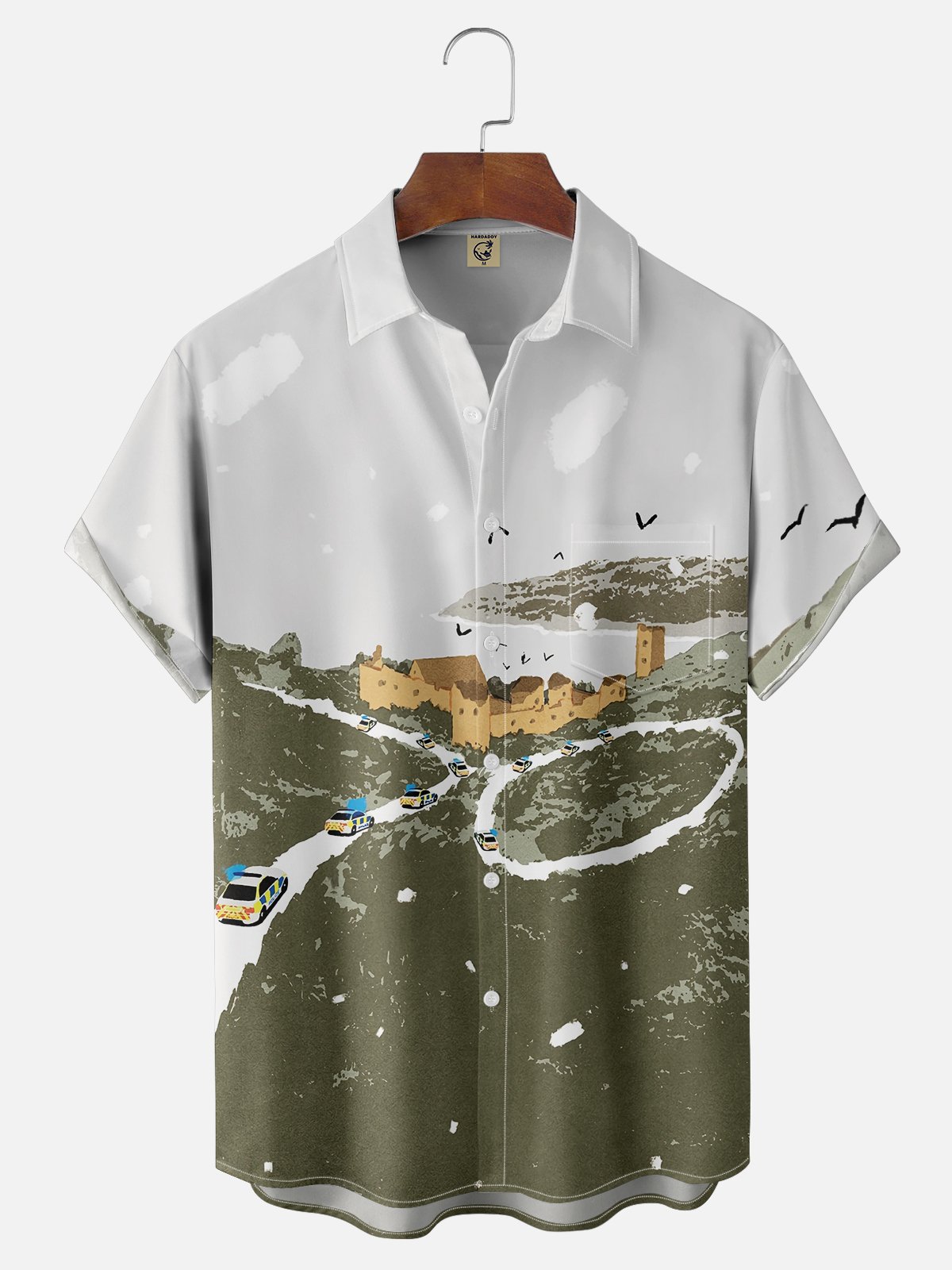 Moisture-wicking Car Castle Fun Pattern Chest Pocket Casual Shirt