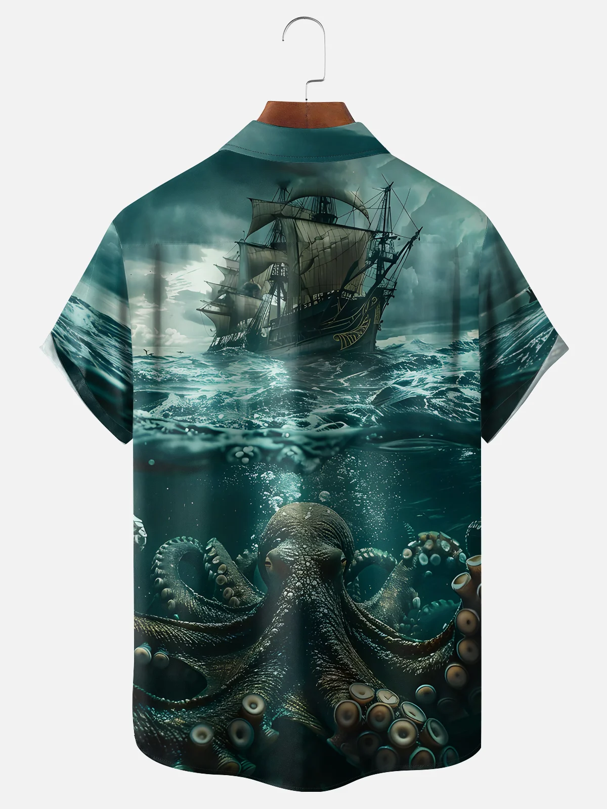 Moisture-wicking Ocean Octopus Pirate Ship Chest Pocket Casual Shirt