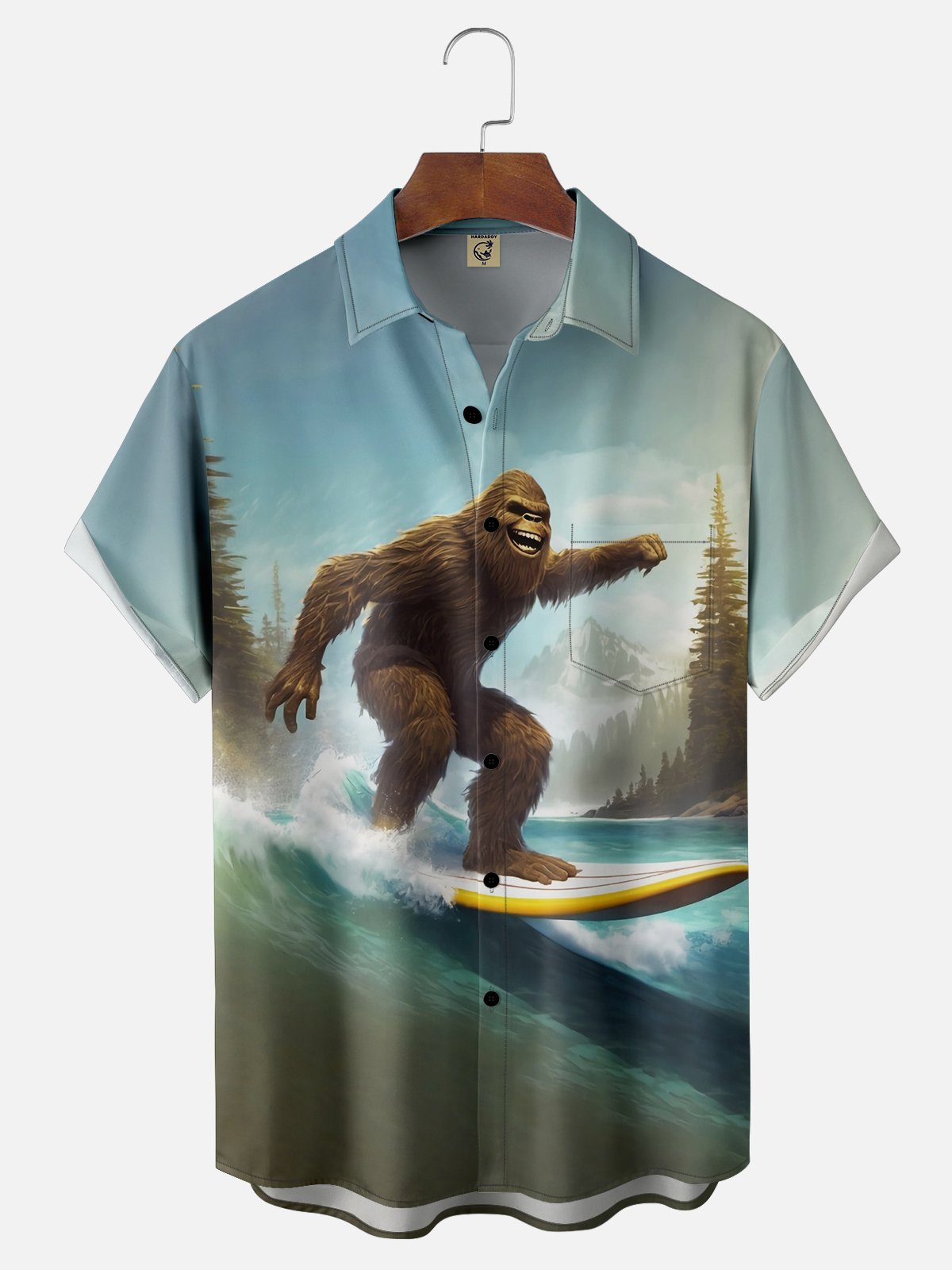 Moisture-wicking Bigfoot Surfing Waves Chest Pocket Hawaiian Shirt