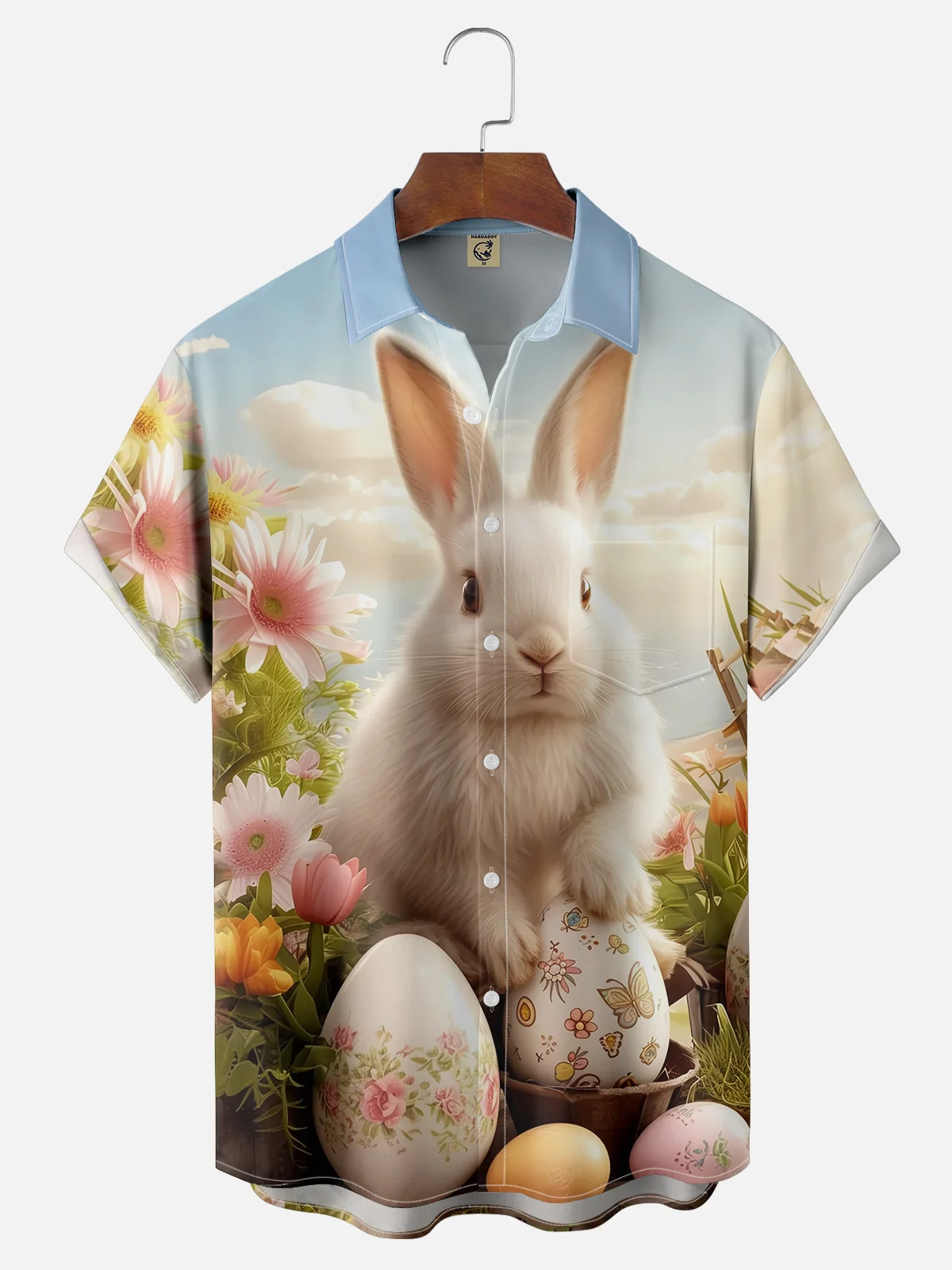 Moisture-wicking Easter Bunny Egg Art Chest Pocket Casual Shirt