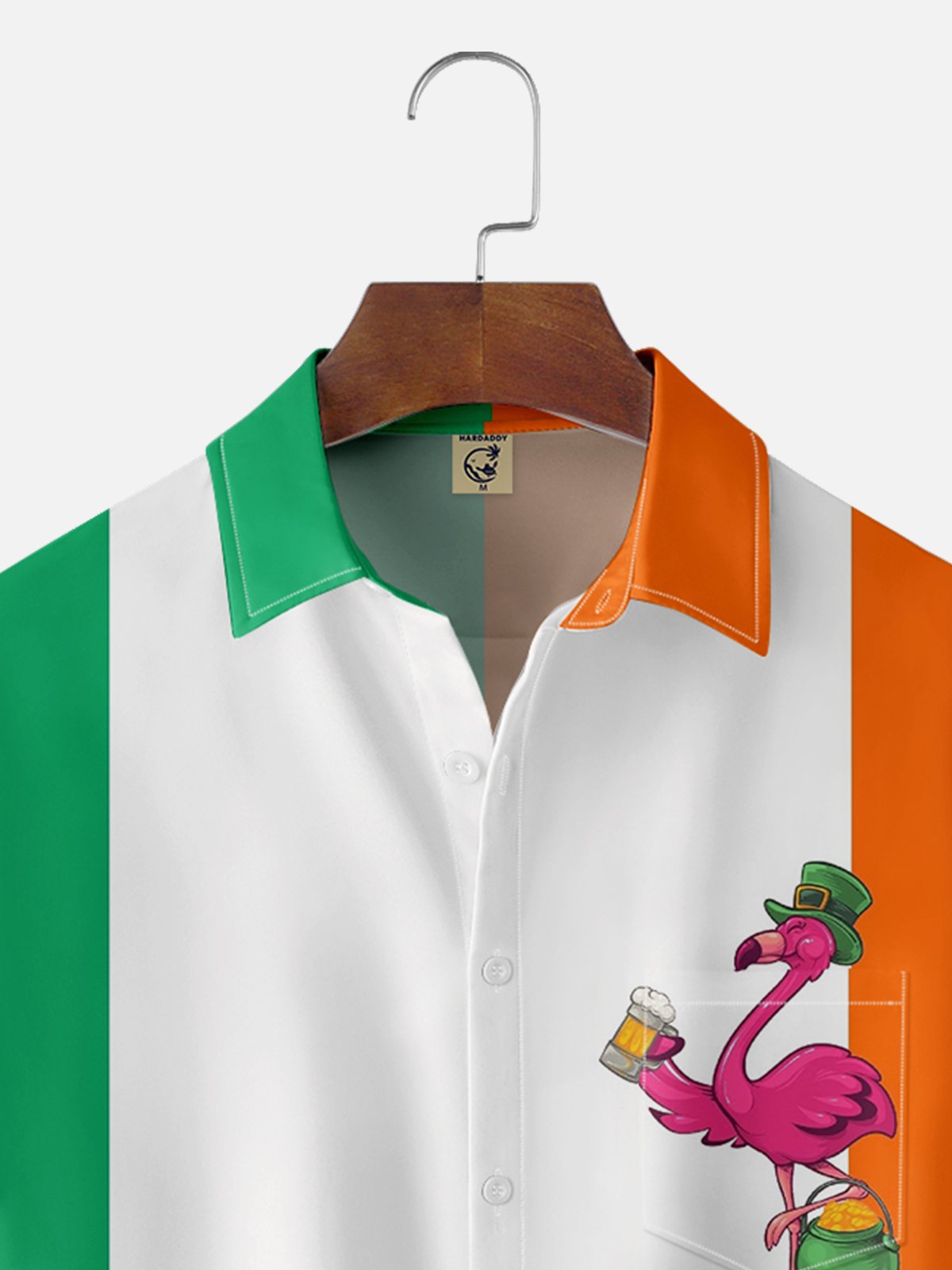 Moisture-wicking St. Patrick's Day Irish Flag Lucky Flamingo Chest Pocket Bowling Shirt