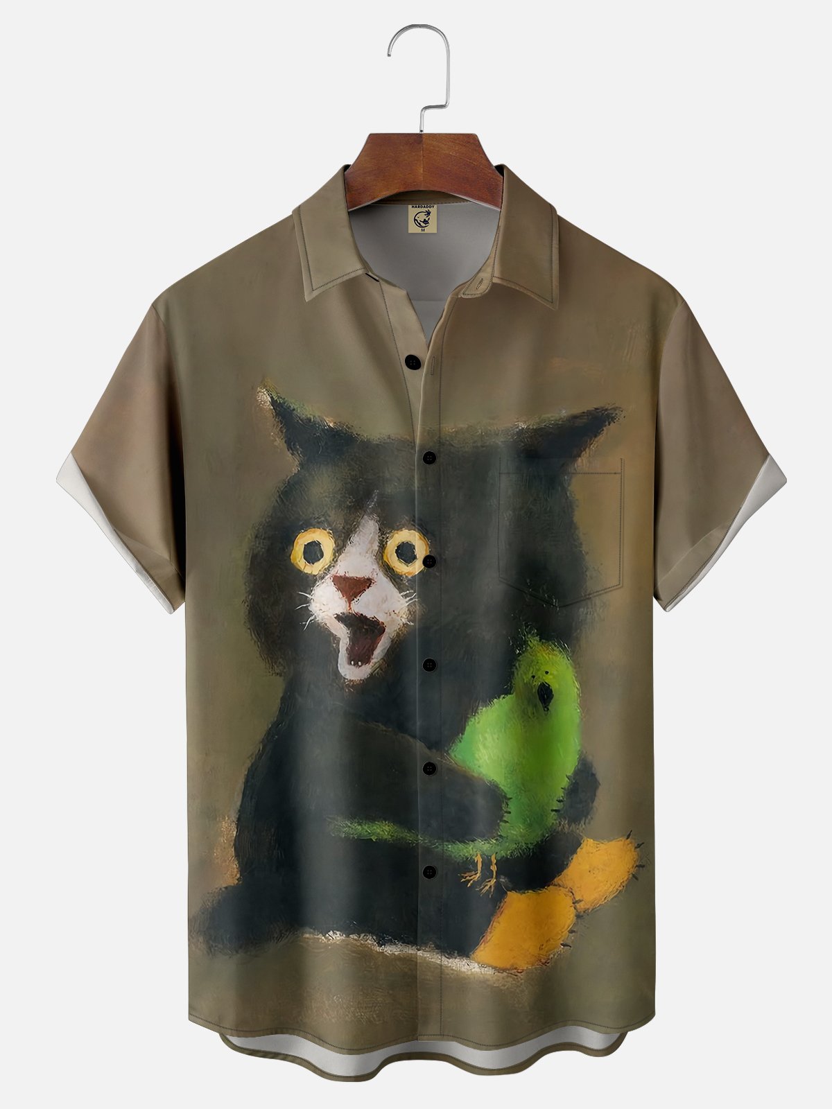 Moisture Wicking Cartoon Cat Chest Pocket Casual Shirt