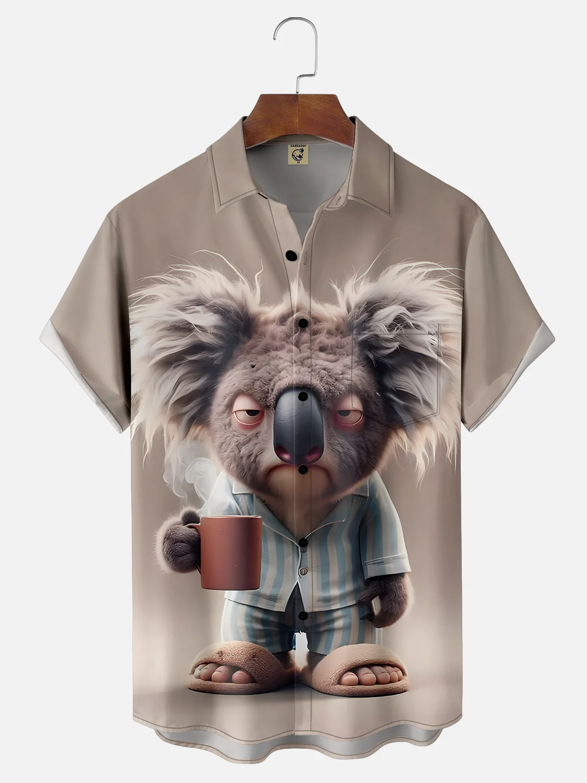 Moisture-wicking Coffee Sleepy Koala Chest Pocket Hawaiian Shirt