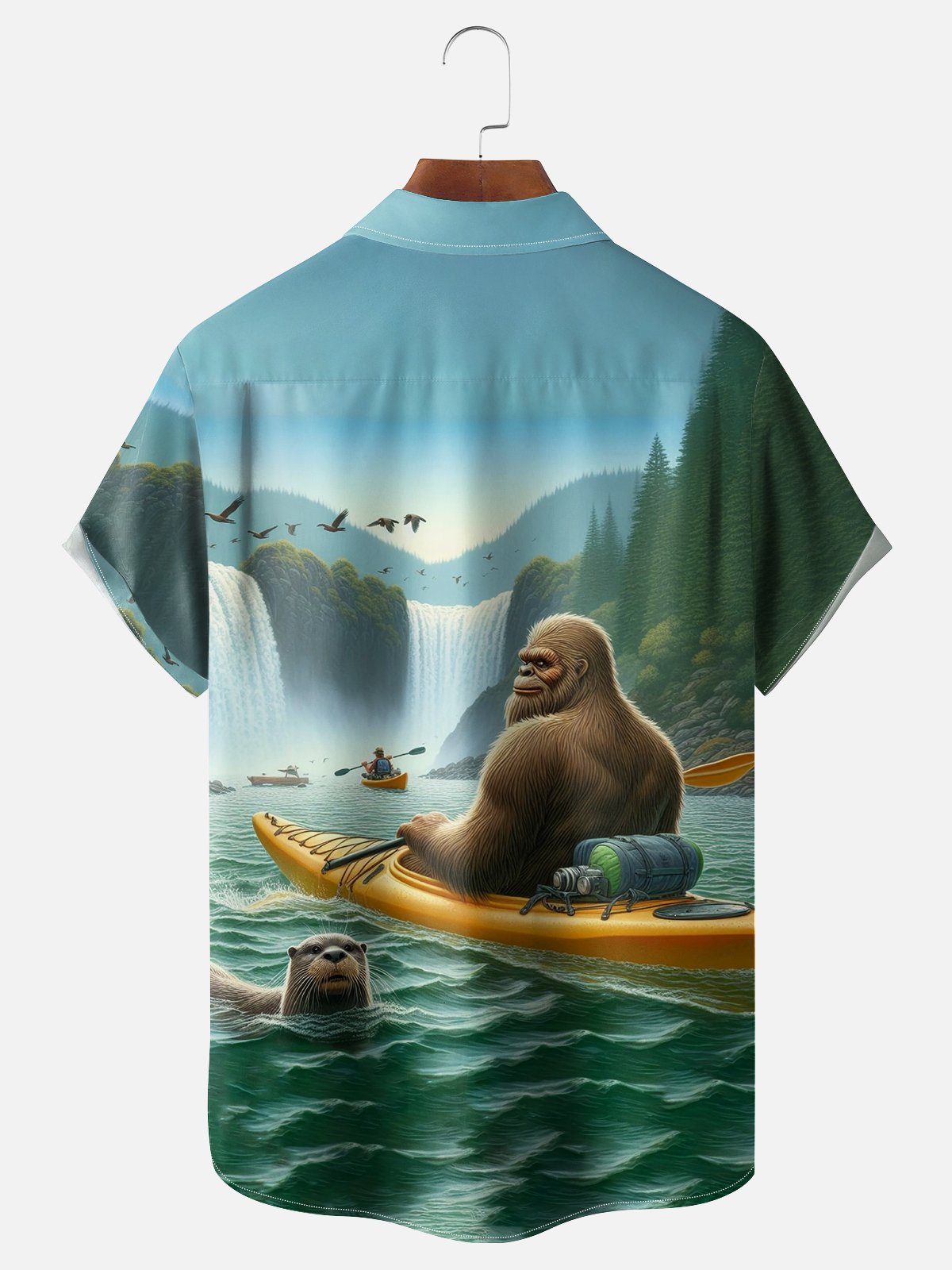 Moisture-wicking Bigfoot Kayak Otter Chest Pocket Hawaiian Shirt