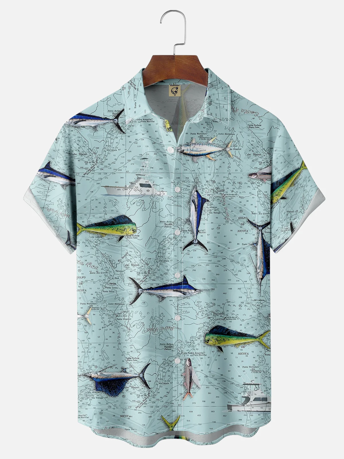 Moisture-wicking Ocean Fish Map Art Chest Pocket Hawaiian Shirt