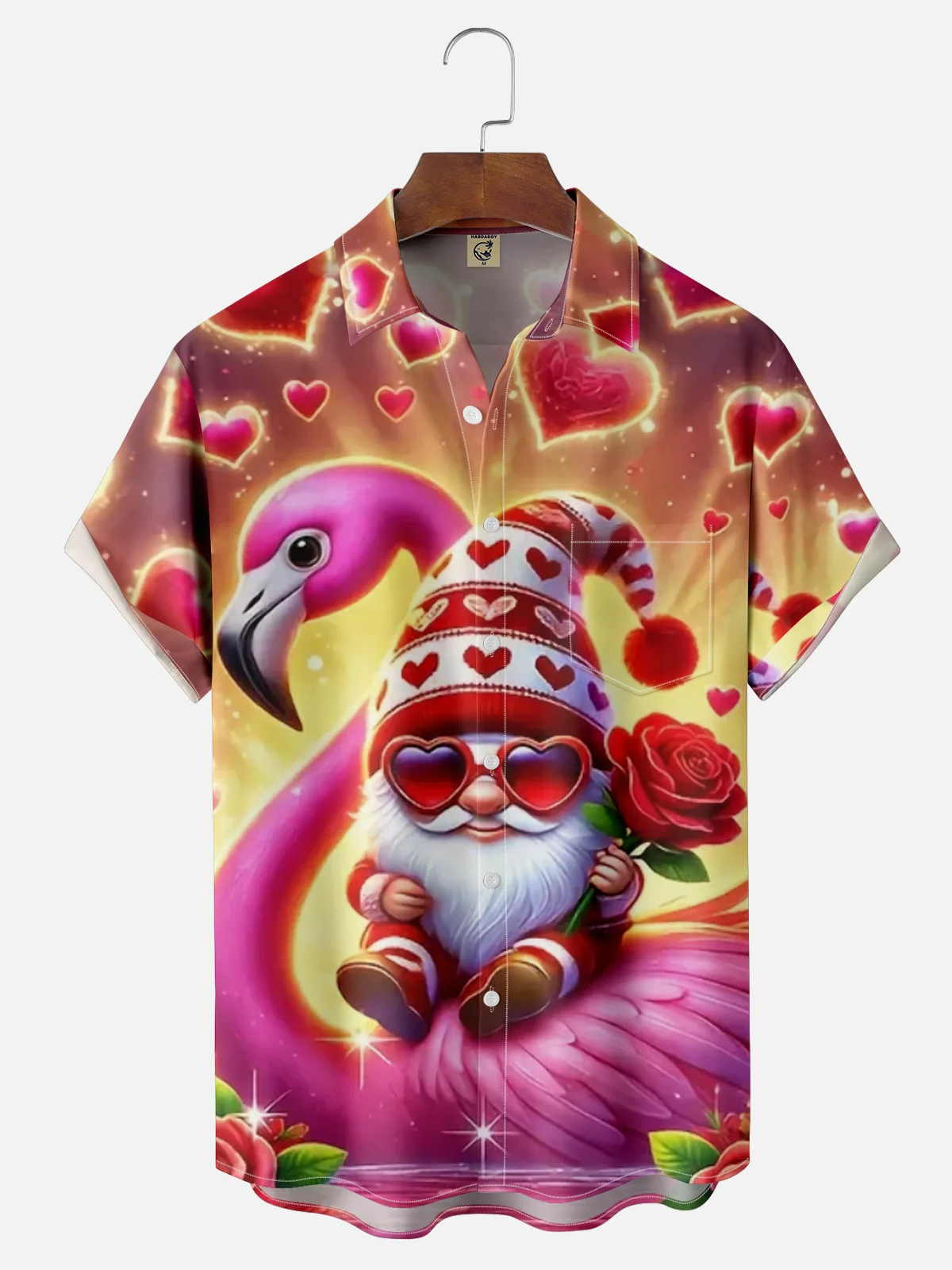 Moisture Wicking Valentine's Day Flamingo Gnome Chest Pocket Casual Shirt