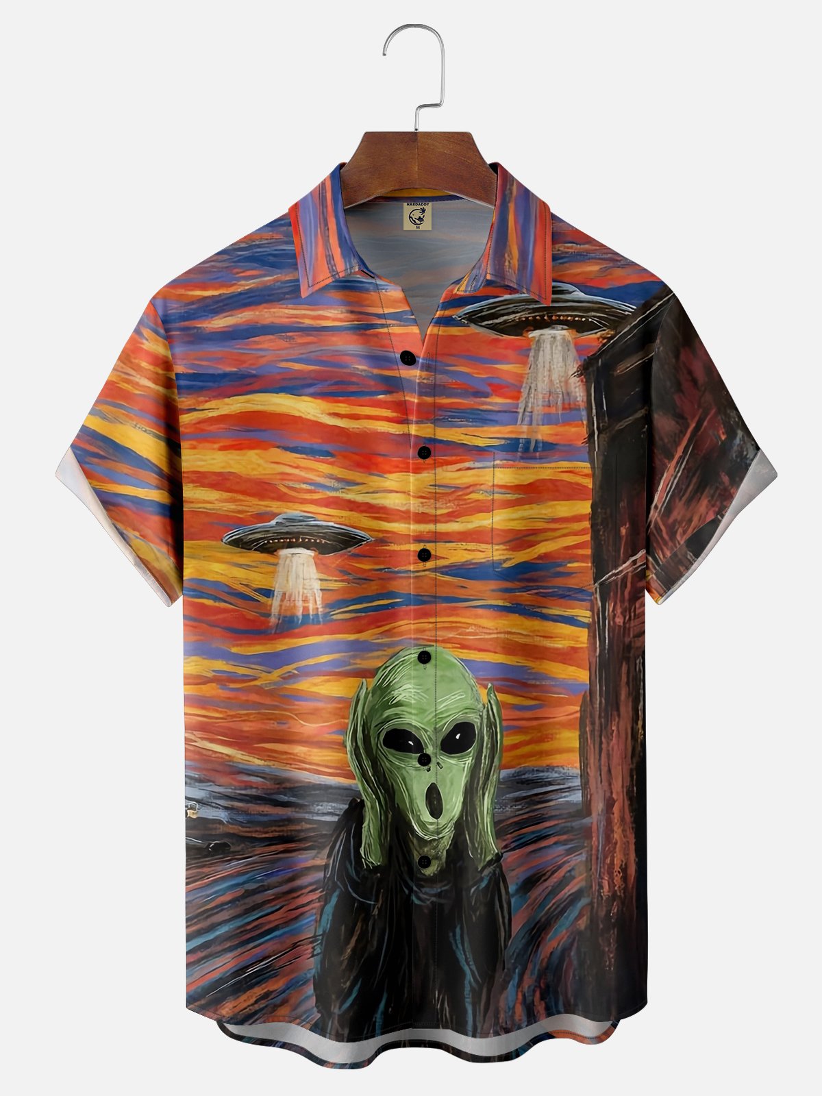 Moisture Wicking UFO Alien Scream Chest Pocket Hawaiian Shirt